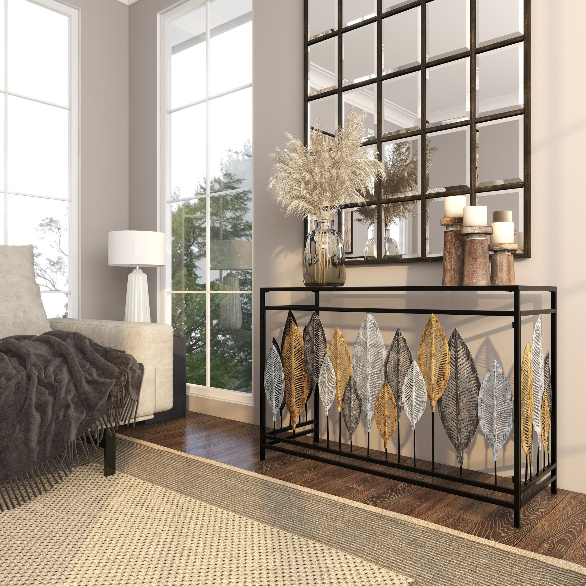 Leaf Metal Rectangular Living Room Console Table with Mirrored Glass Top and Gold Accents