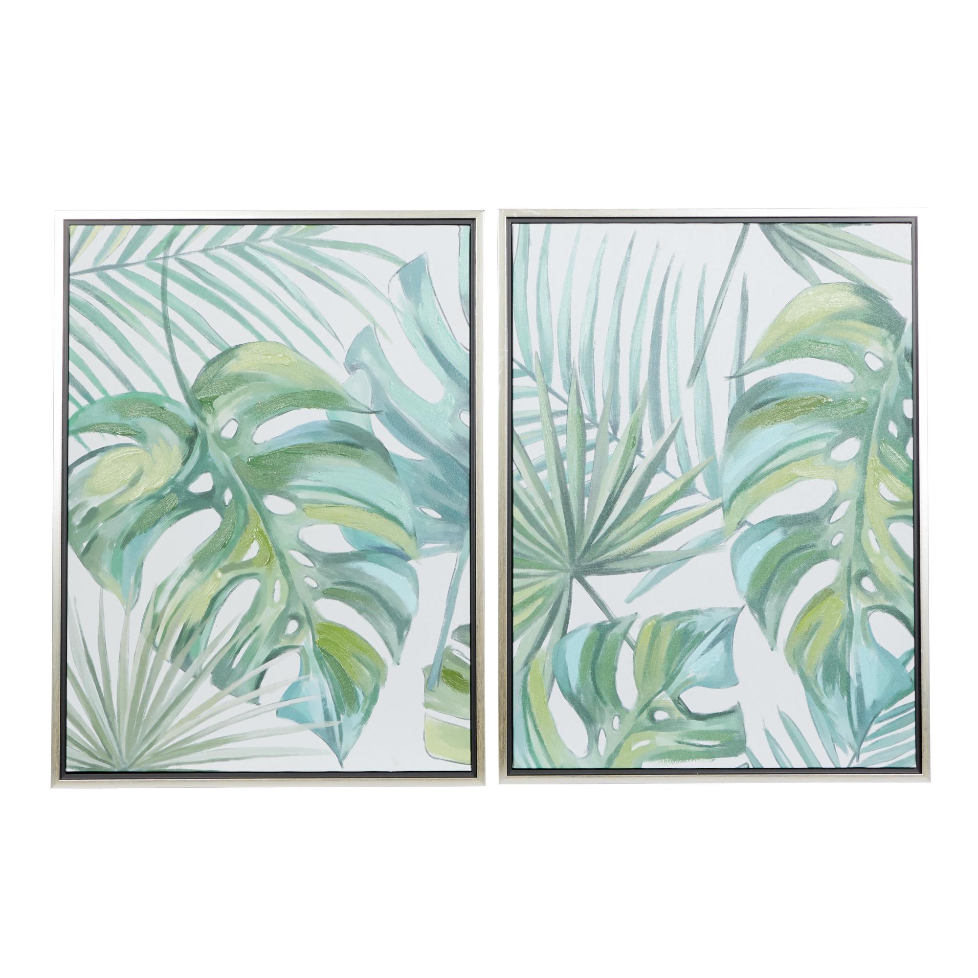 CosmoLiving by Cosmopolitan Set of 2 Leaf Green Canvas Tropical Living Room Framed Wall Art with Silver Frame