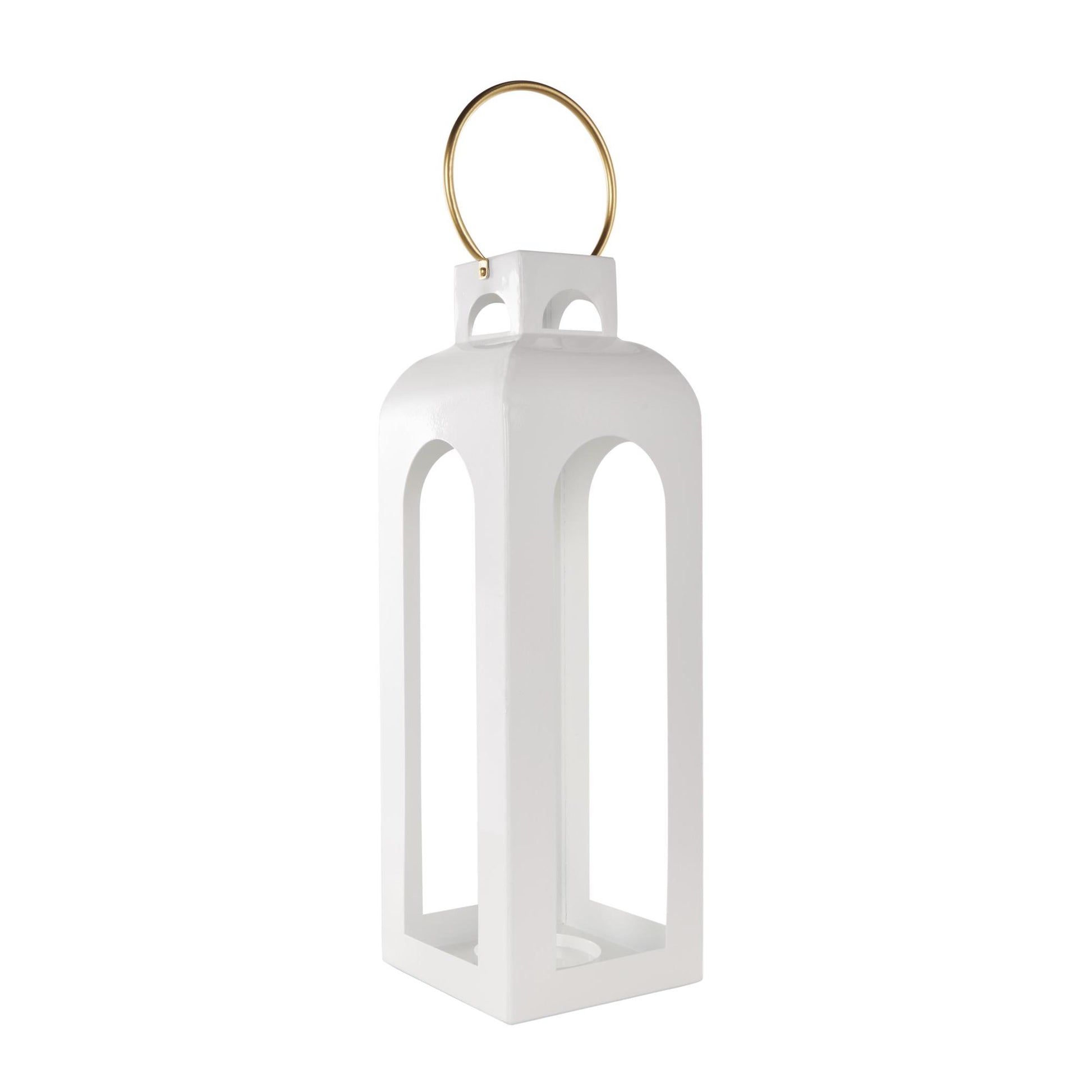 White Metal Tall Arched Cutout Indoor Outdoor Candle Lantern with Gold Handle