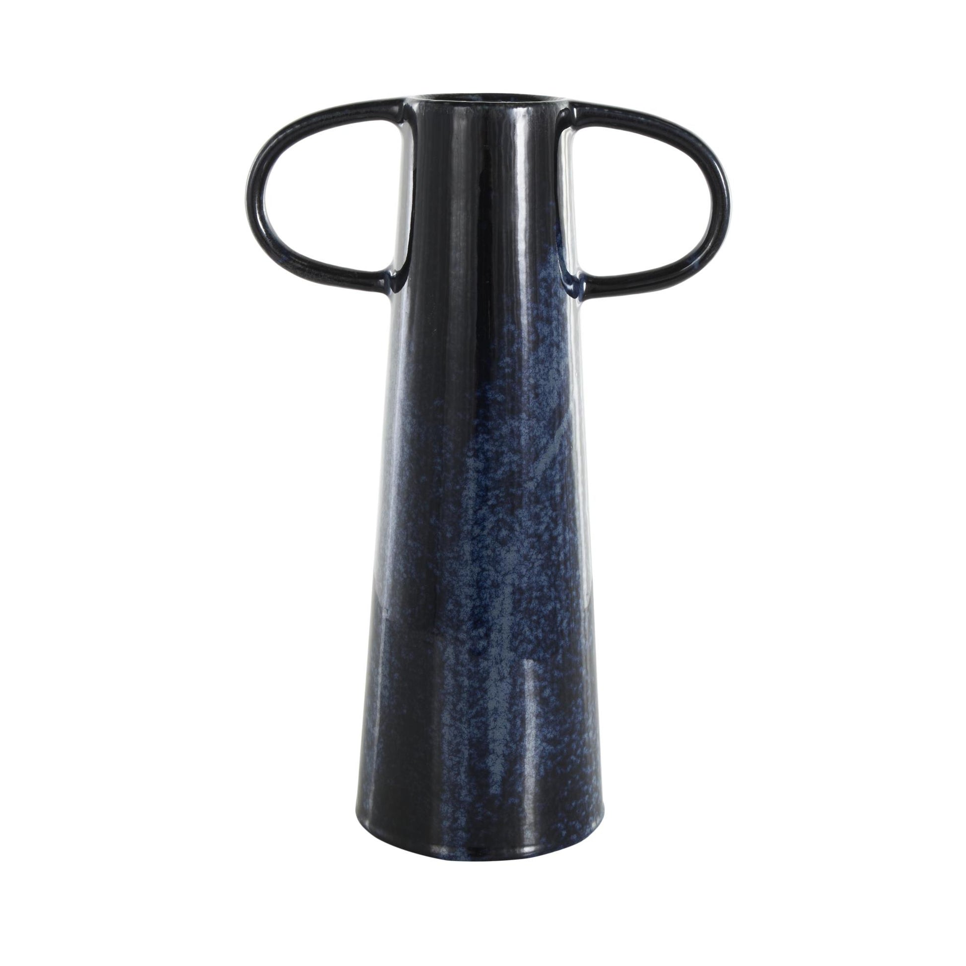 Dark Blue Ceramic Textured Cone Decorative Vase with Curved Handles