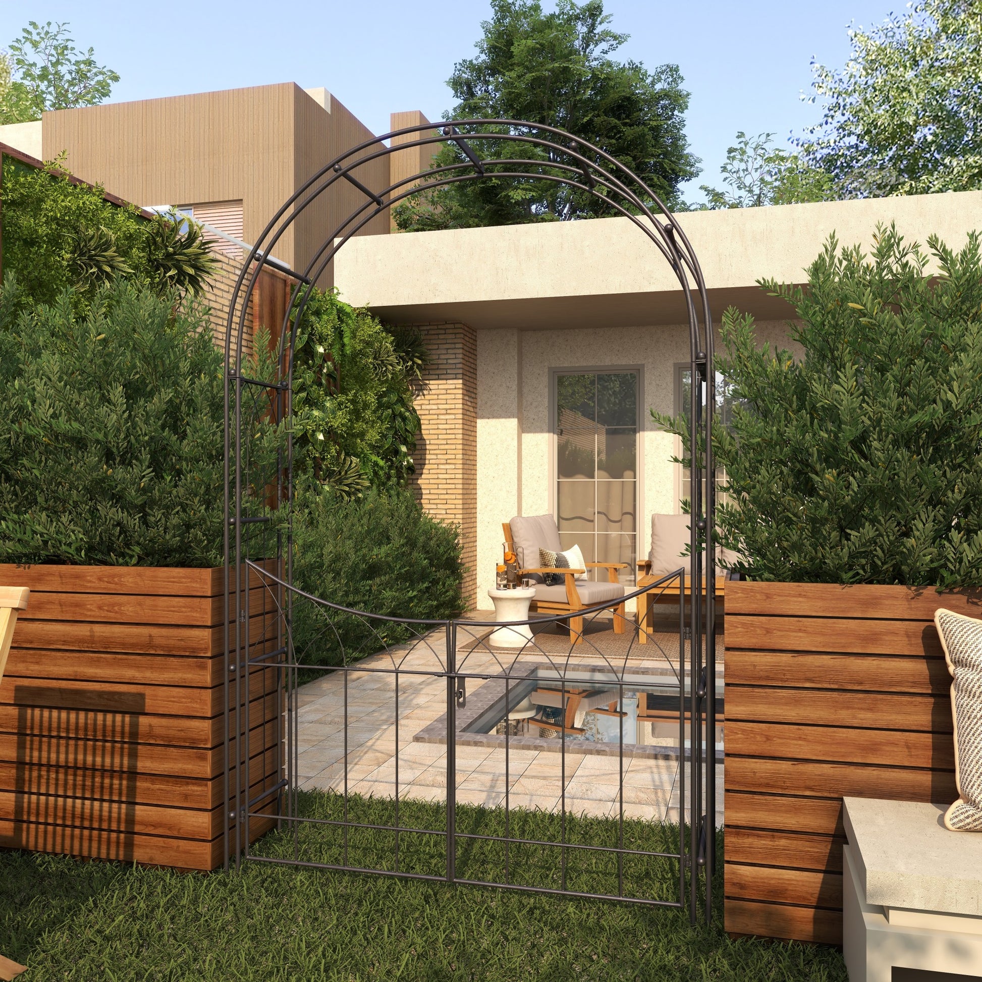 Metal Indoor Outdoor Arched Gate Indoor Outdoor Garden Arbor with Lattice Work Sides