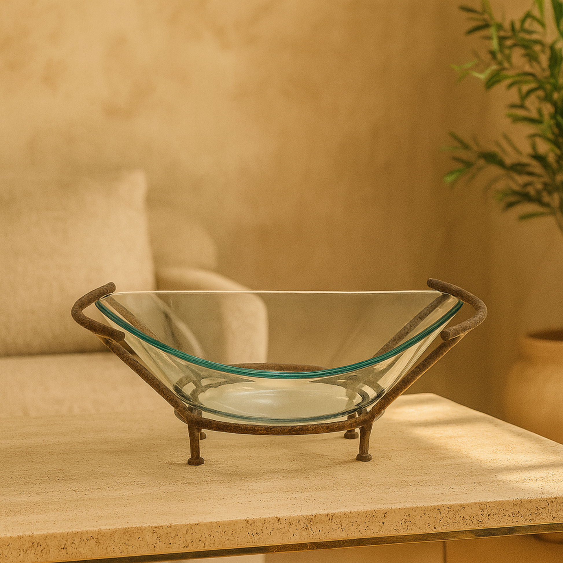 Kitchen Clear Tempered Glass Decorative Serving Bowl with Brown Metal Base