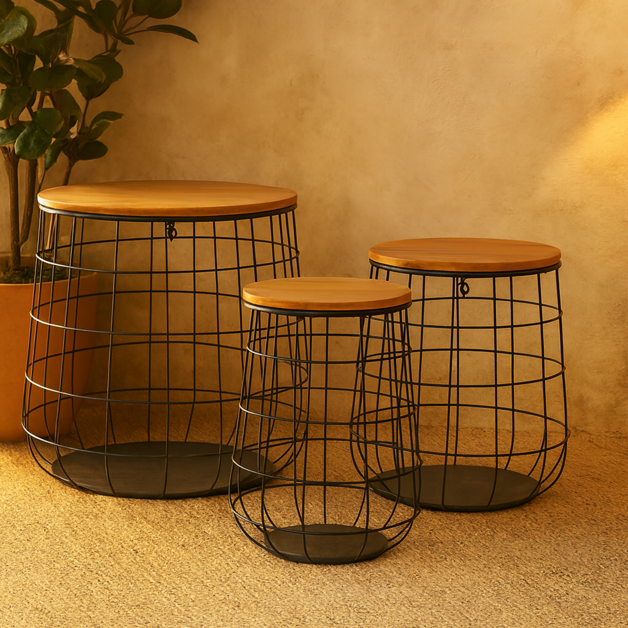 Set of 3 Black Metal Caged Decorative and Functional Storage Basket with Wooden Lift Top Lids
