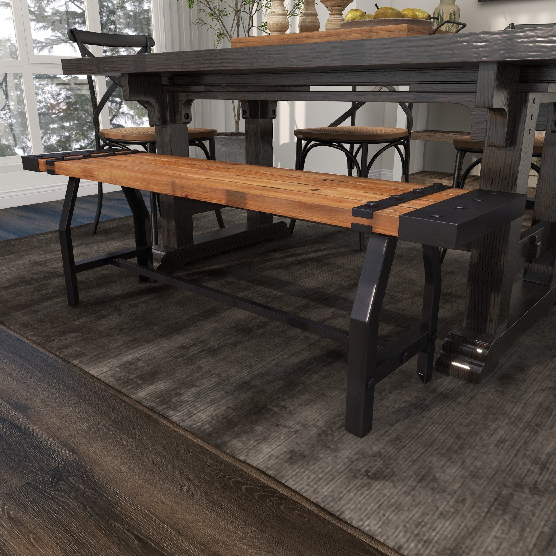 Brown Wood Slatted Home Bench with Black Metal Base and Studs