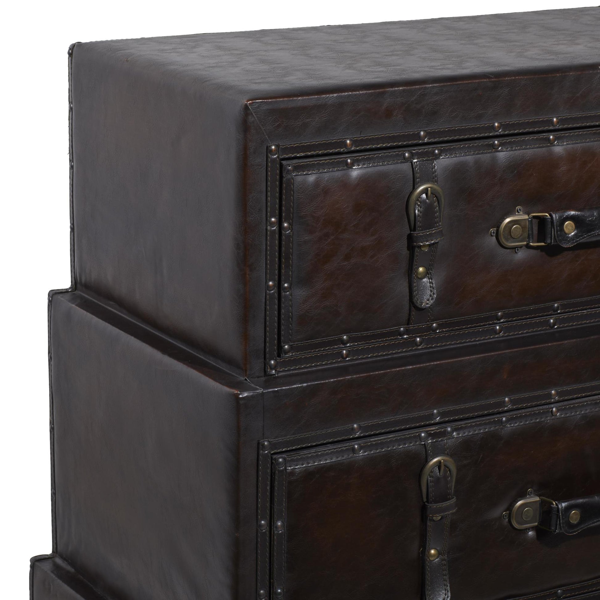 Brown Wood Vintage Faux Leather Room Chest with Buckles and Straps Detailing