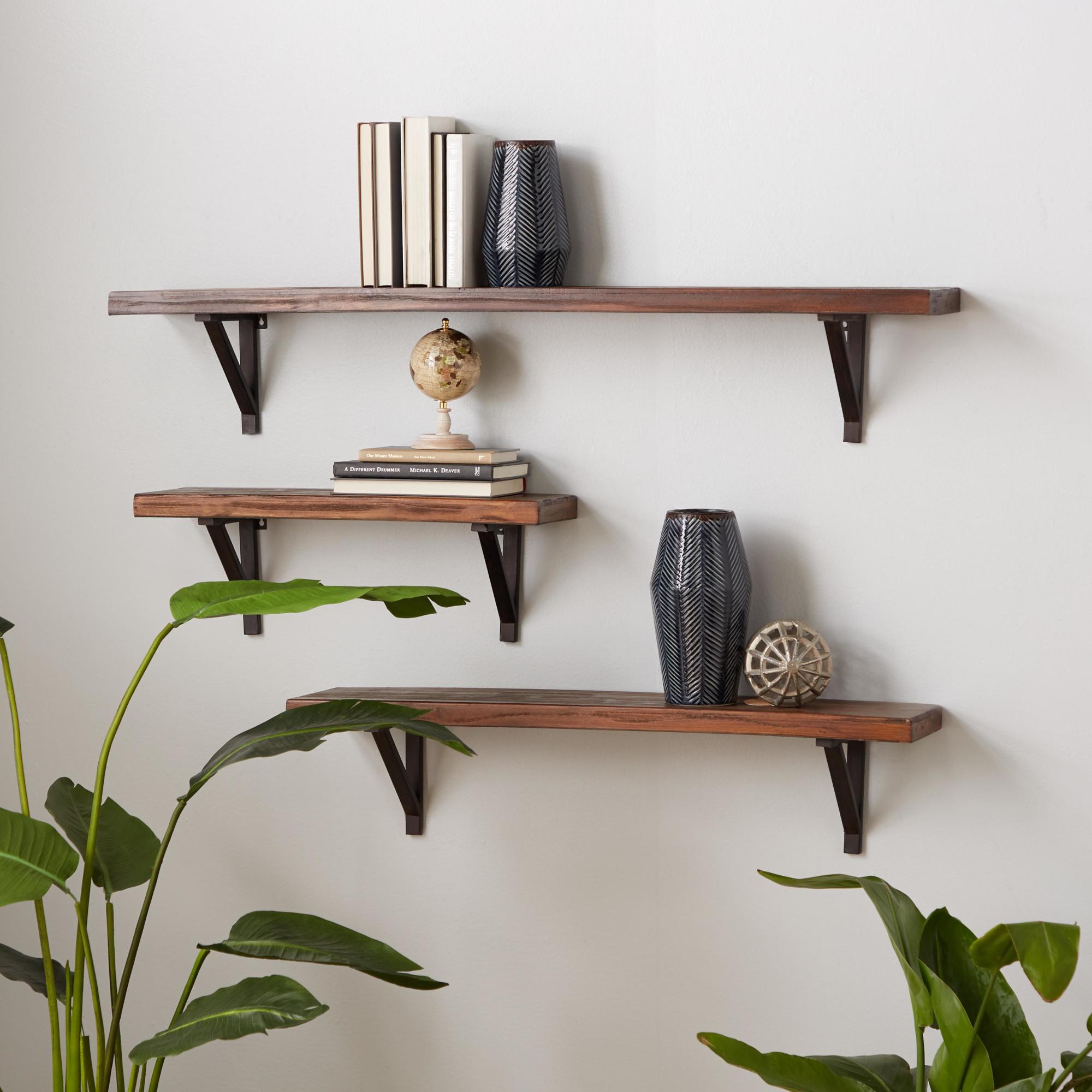 Set of 3 Geometric Brown Wood Room Wall Shelf with Black Metal Brackets