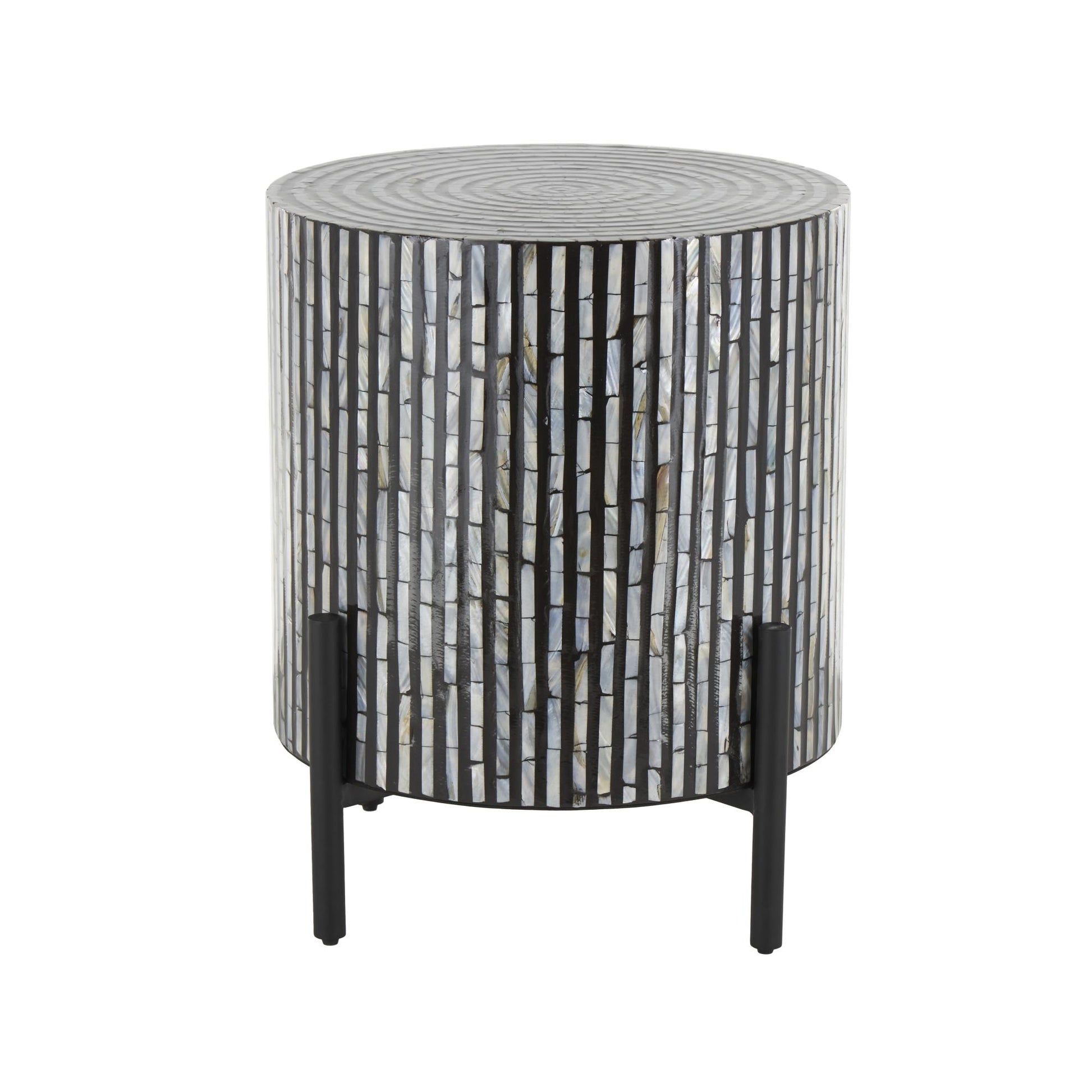 Geometric Mother of Pearl Shell Handmade Inlay Side End Accent Table with Black Legs 18" x 18" x 22"