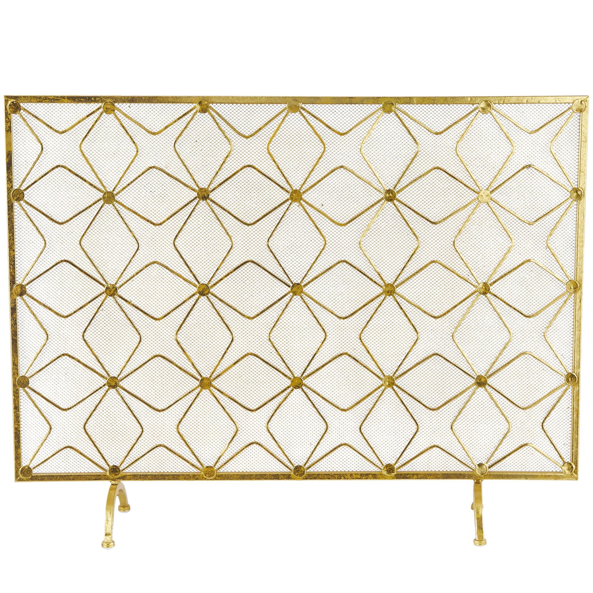 Geometric Gold Metal Star Patterned Single Panel Living Room Fireplace Screen with Mesh Netting