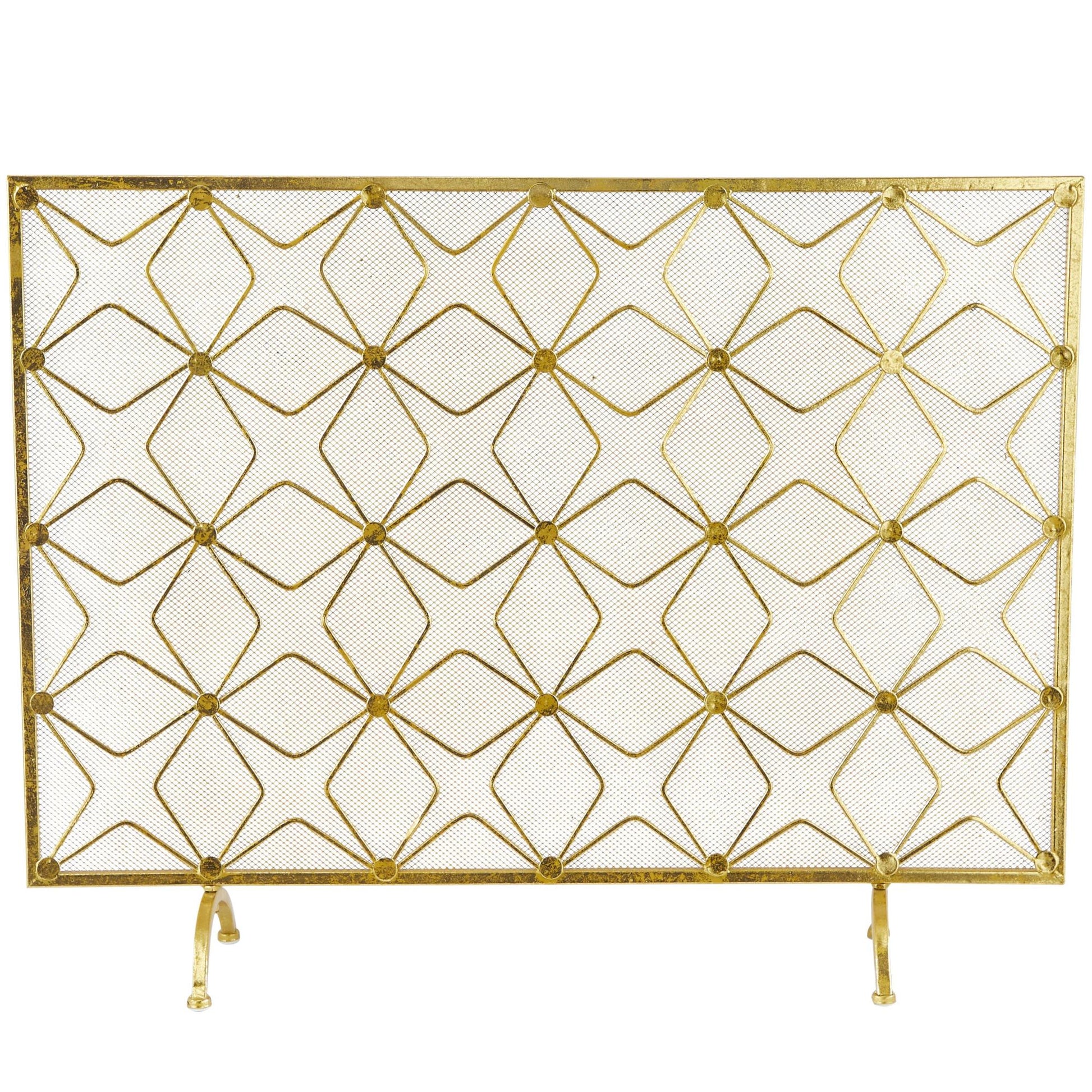 Geometric Gold Metal Star Patterned Single Panel Living Room Fireplace Screen with Mesh Netting
