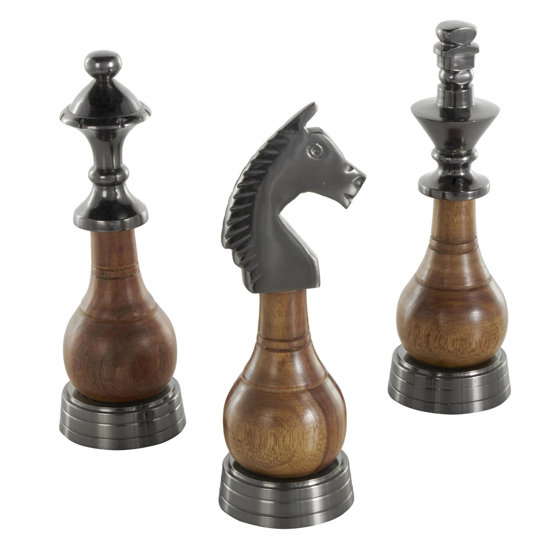 Set of 3 Chess Aluminum Metal Decorative Sculpture with Mango Wood Center Set of 3 2"W, 6"H