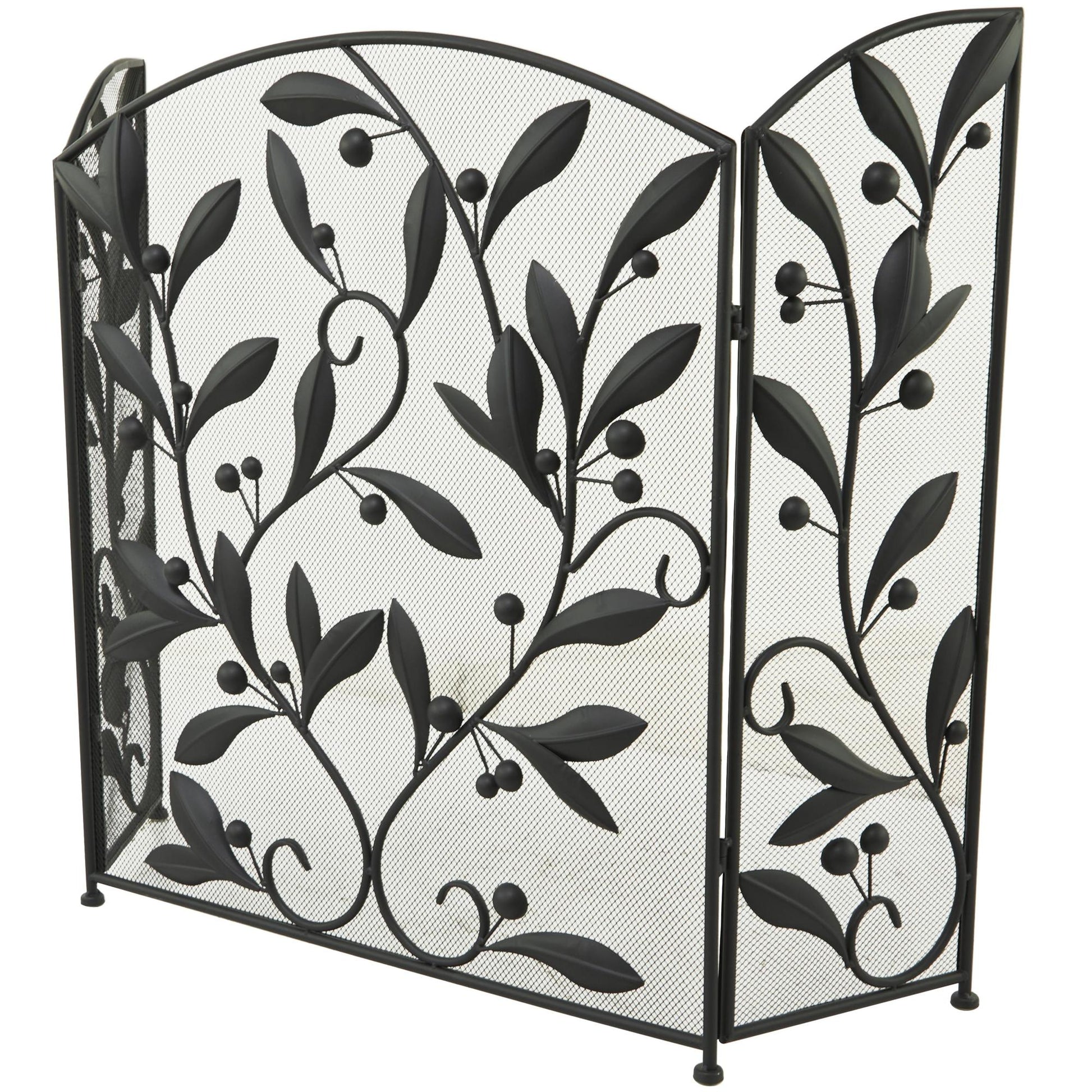 Leaf Metal Foldable Mesh Netting 3 Panel Living Room Fireplace Screen with Leaf and Vine Relief