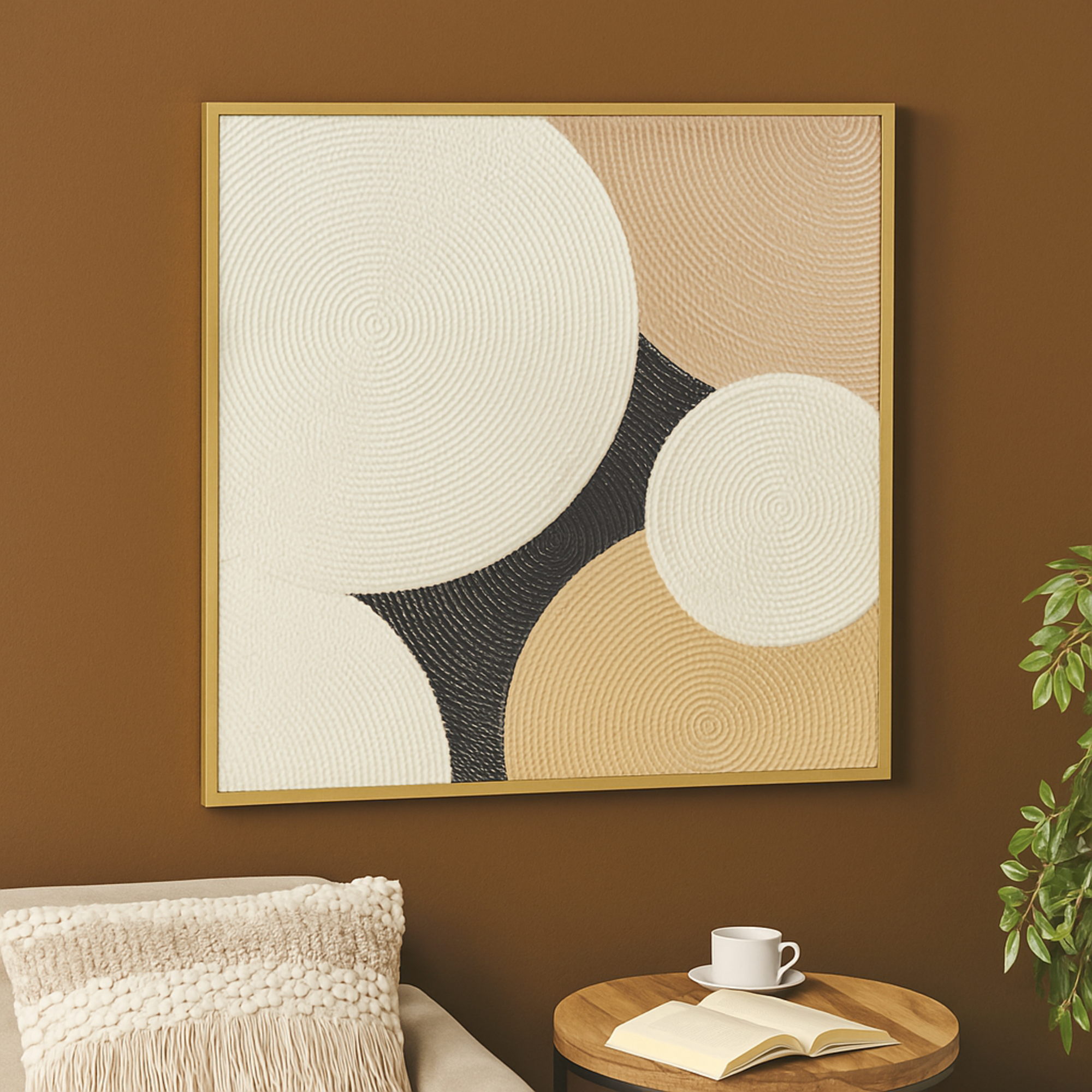 Geometric Cream Metal Textured Living Room Framed Wall Art with Overlapping Circles and Gold Frame