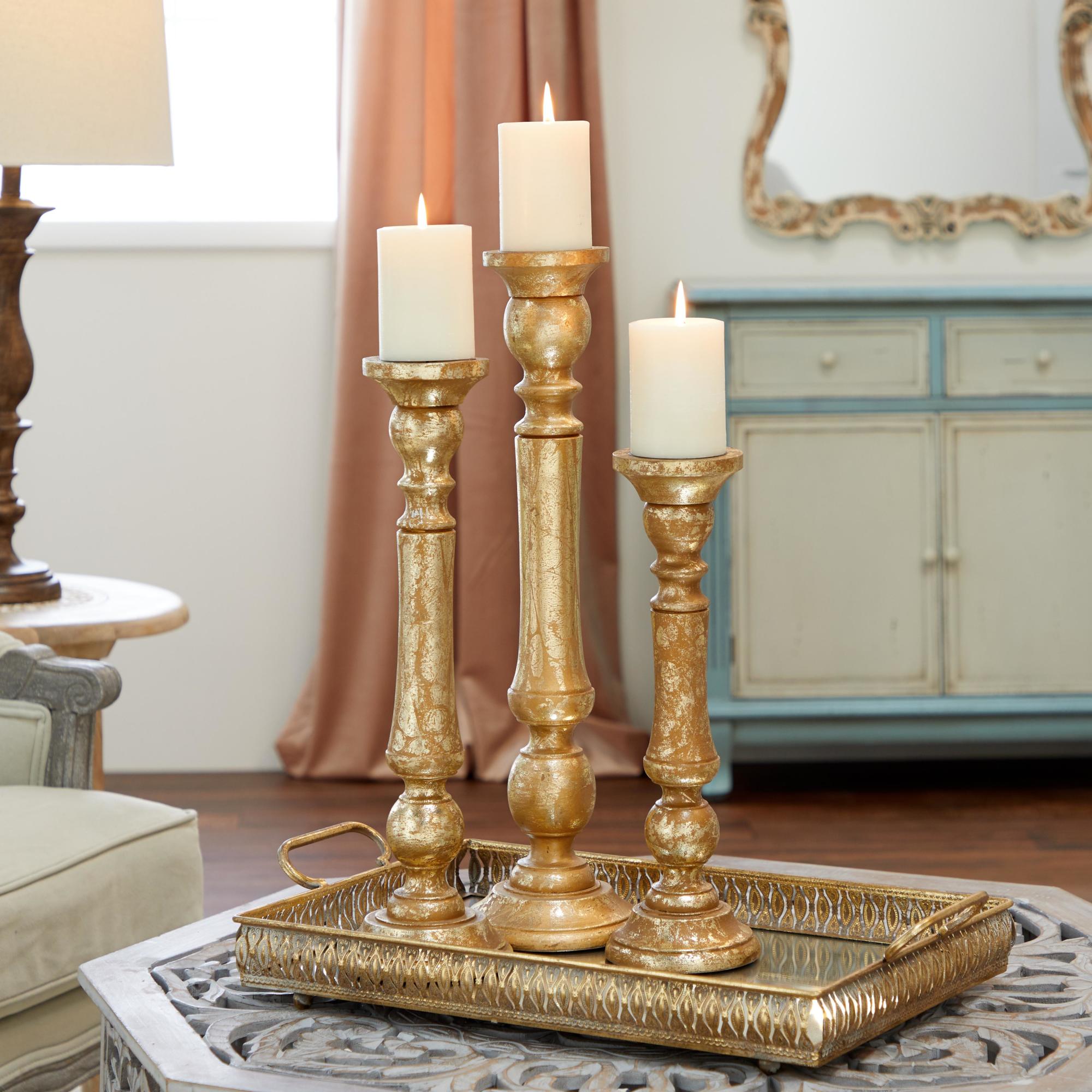 Set of 3 Gold Mango Wood Decorative Candle Holder