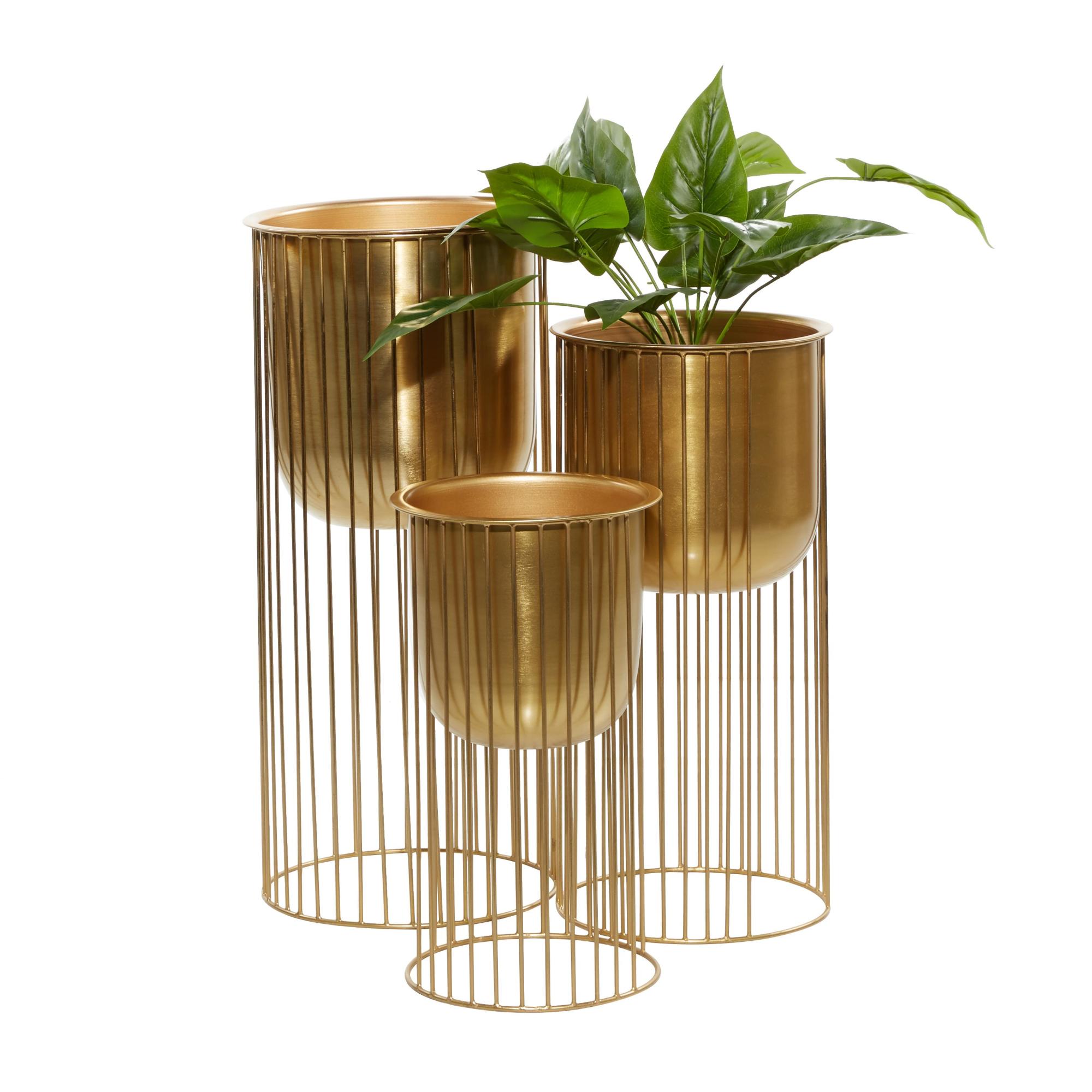 Set of 3 Gold Metal Deep Recessed Dome Indoor Outdoor Planter with Elevated Caged Stand