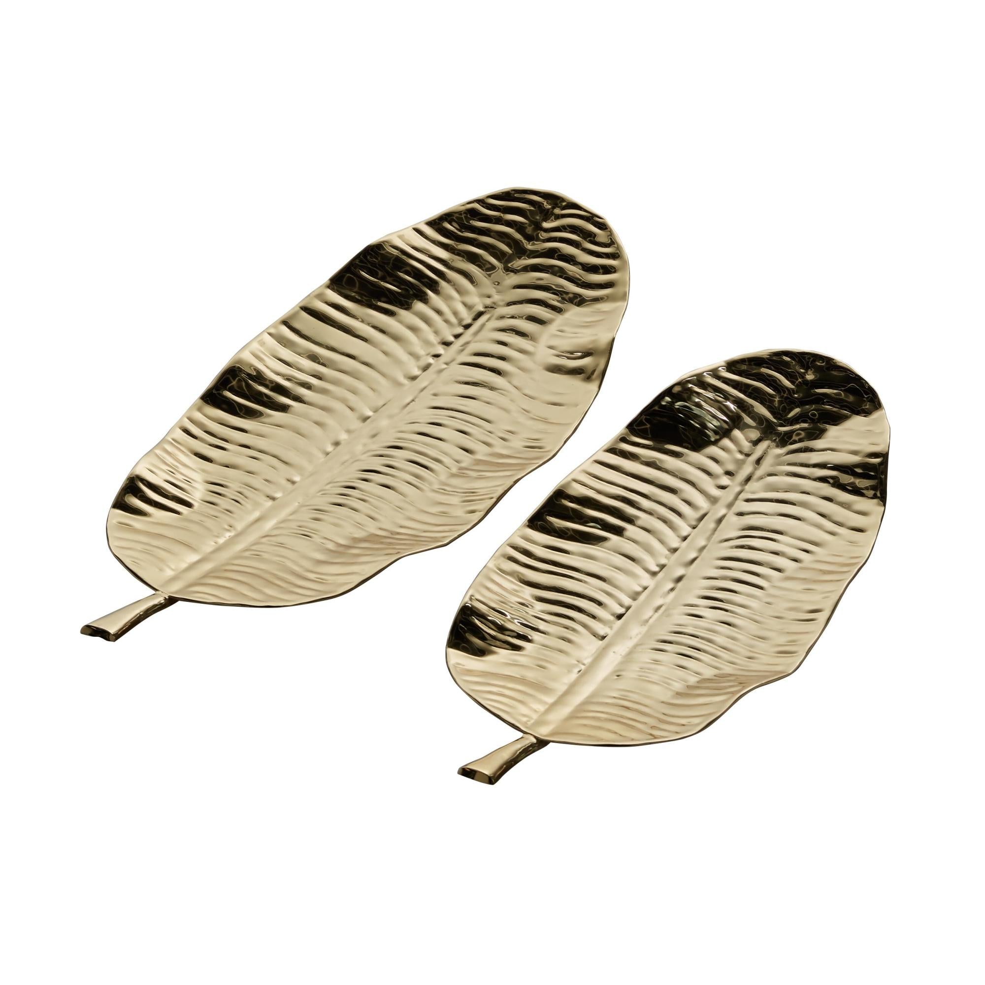 Set of 2 Leaf Gold Metal Living Room Decor Tray