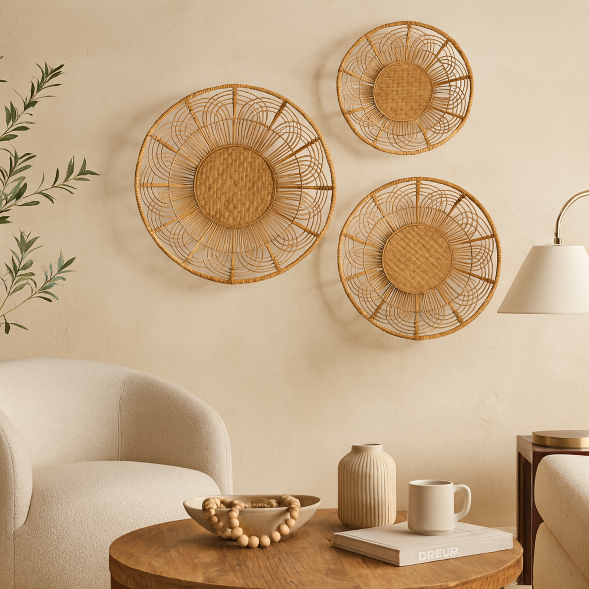 Set of 3 Plate Brown Wood Handmade Floral Basket Home Wall Decor