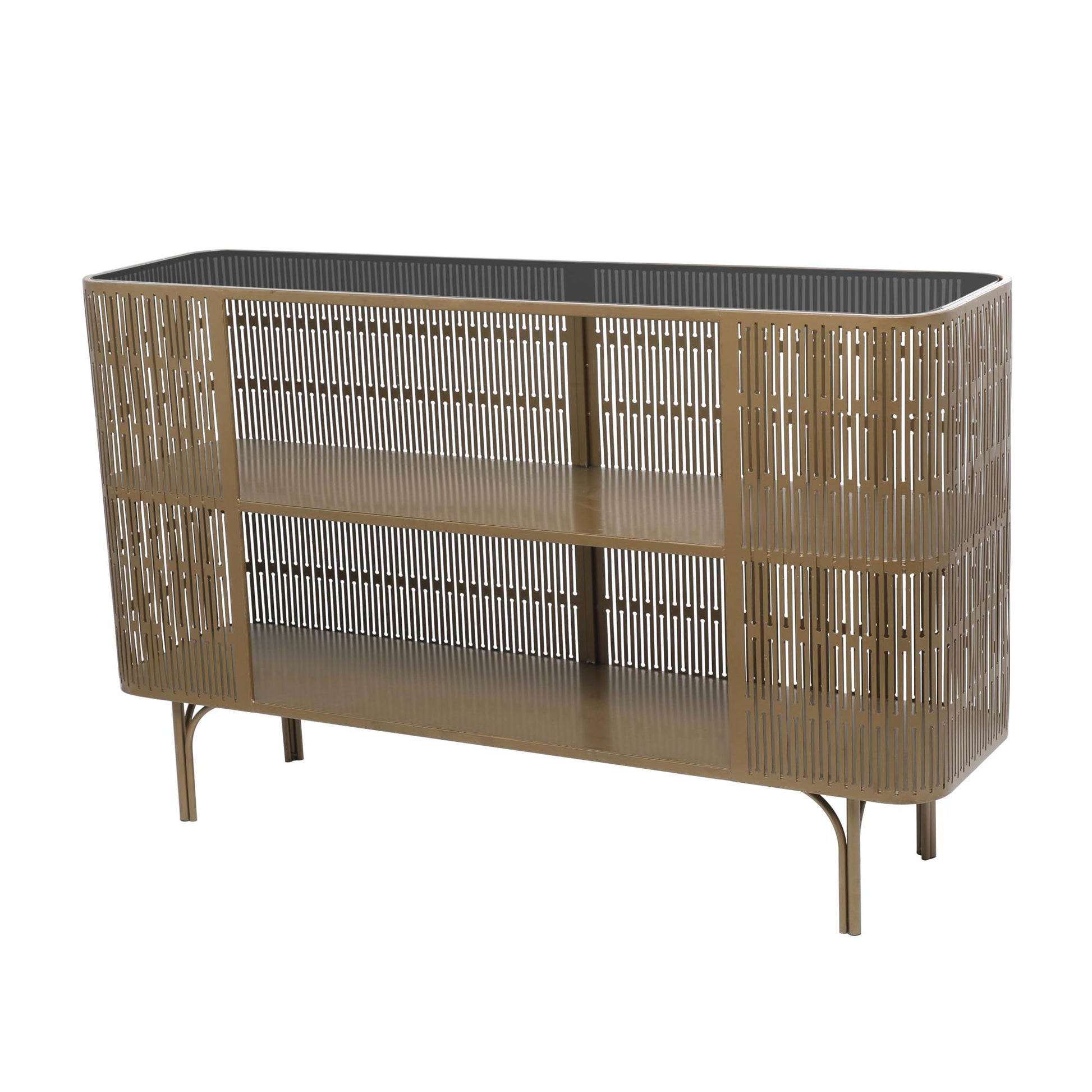 Gold Metal Art Deco Inspired Living Room Console Table with Black Tempered Glass Top