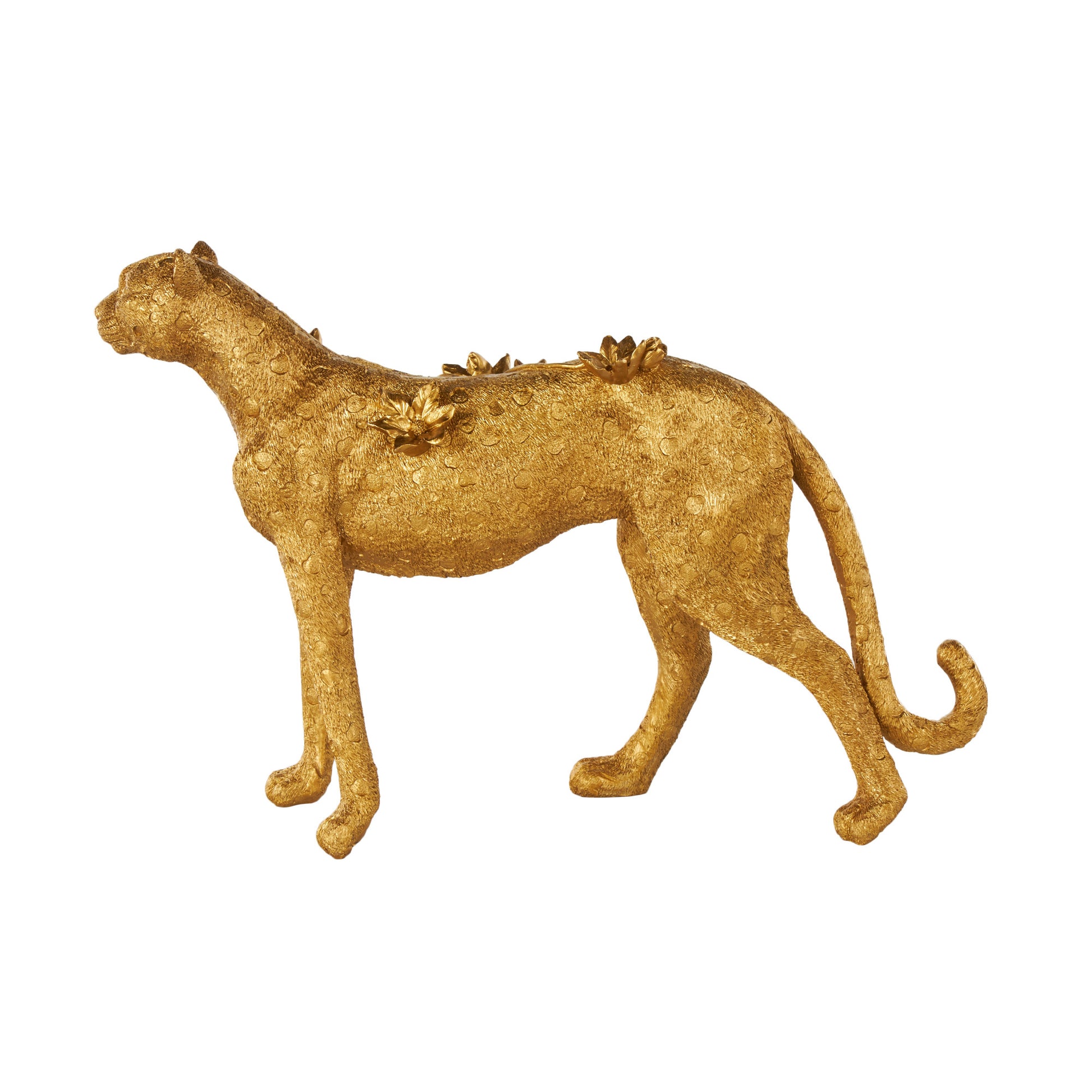Leopard Gold Resin Standing Decorative Sculpture with Textured Spots and Floral Accents