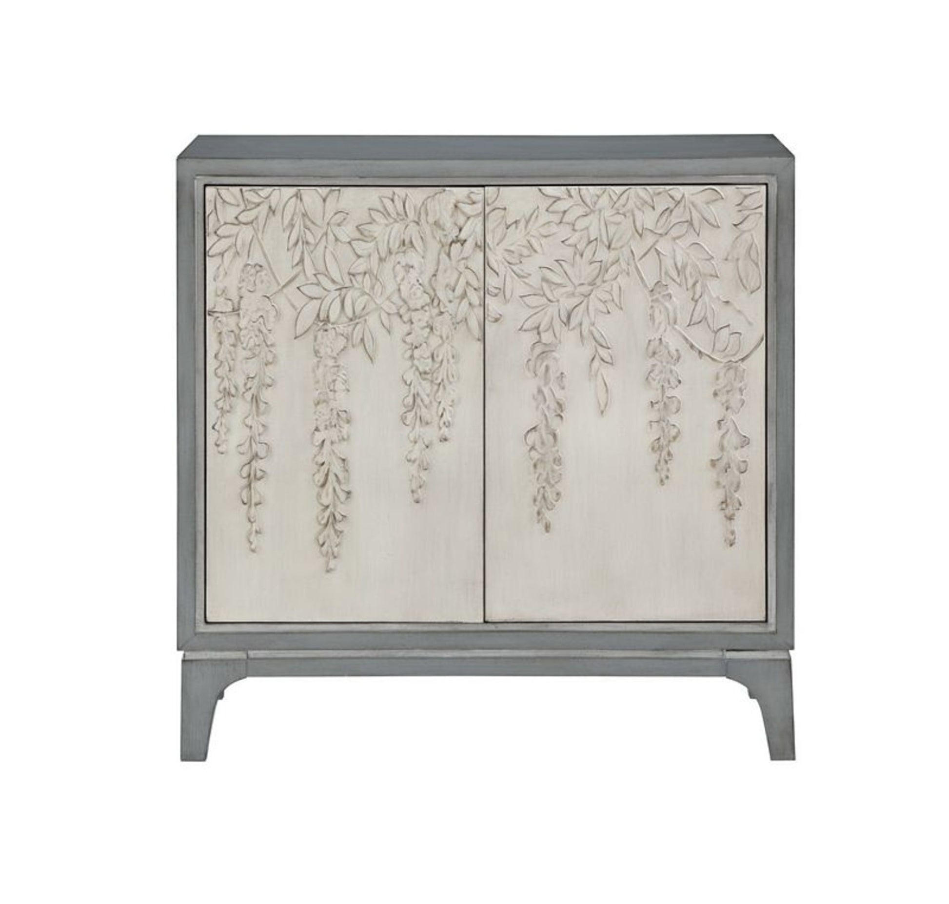 Floral Gray Wooden Relief 2 Door Room Cabinet with Cream Front Doors and Cascading Leaf Design