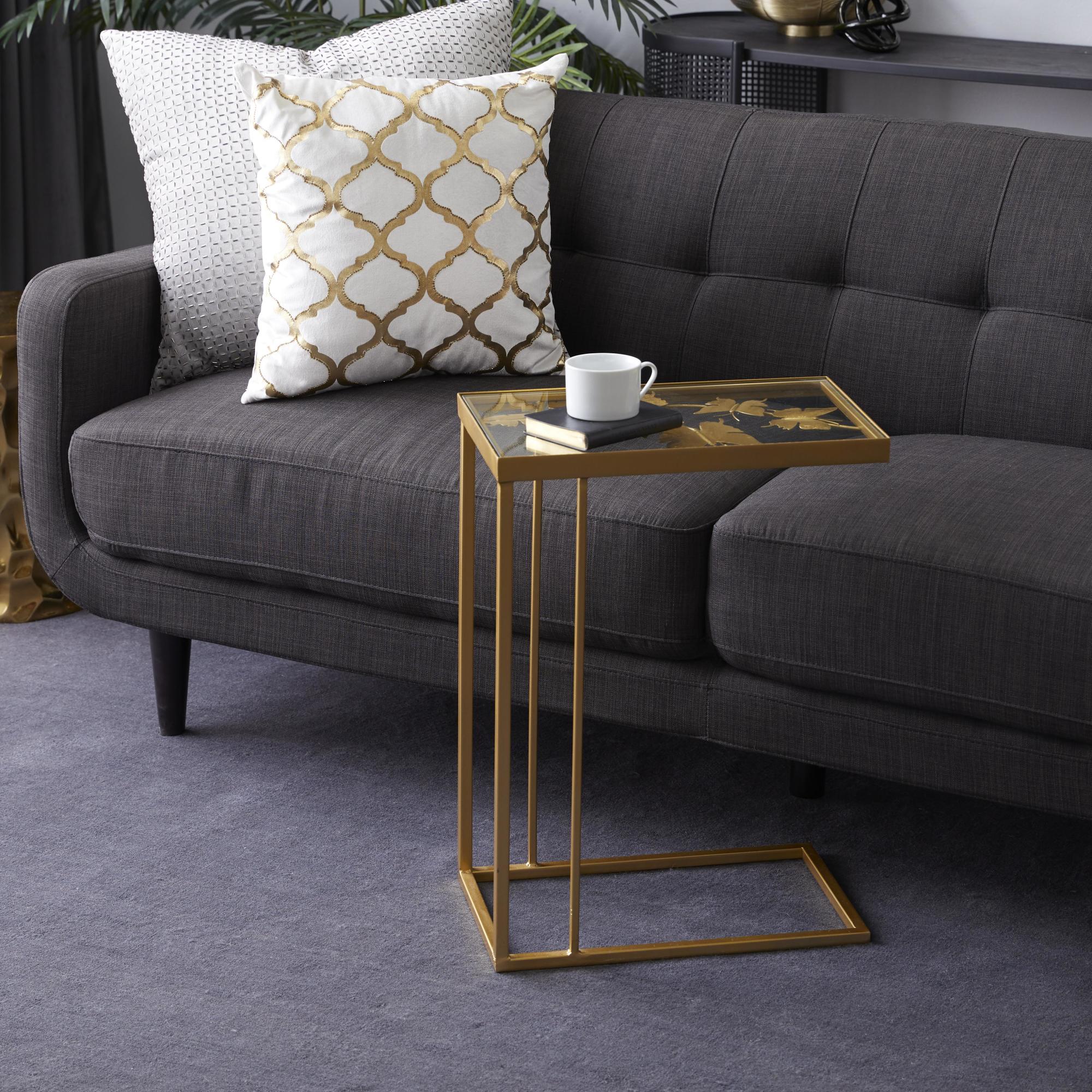 Gold Metal Side End Accent Table with Clear Glass Top