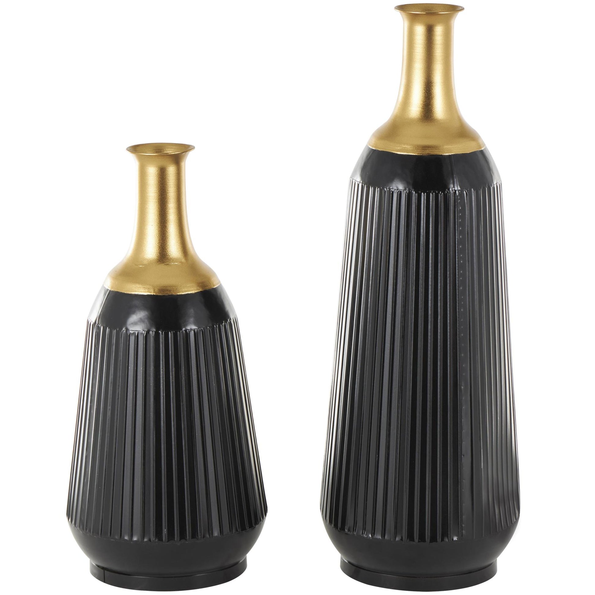 Set of 2 Black Metal Tall Ribbed Decorative Vase with Gold Tops
