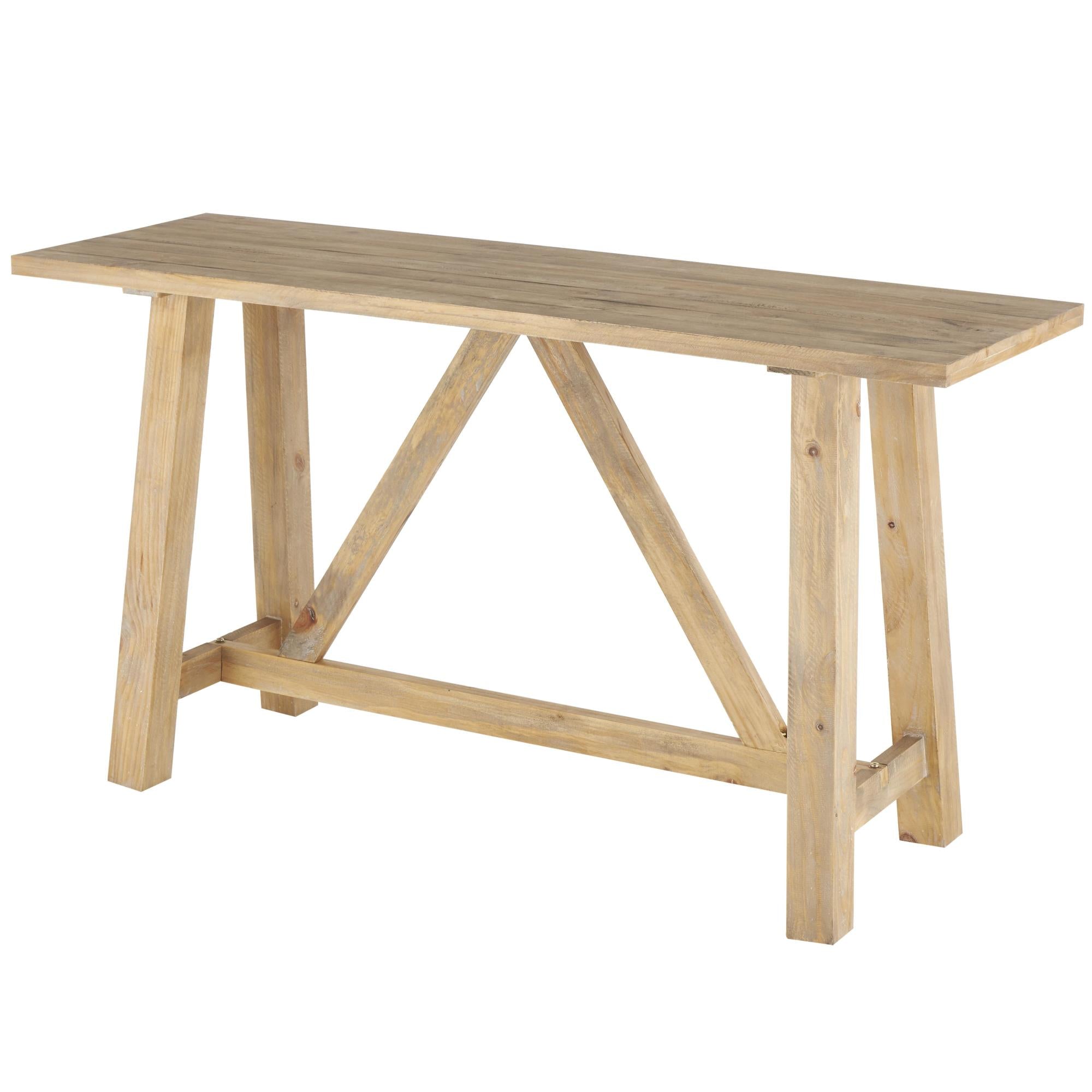 Light Brown Wood Rectangular Living Room Console Table with Flared Legs and Crossed Beams