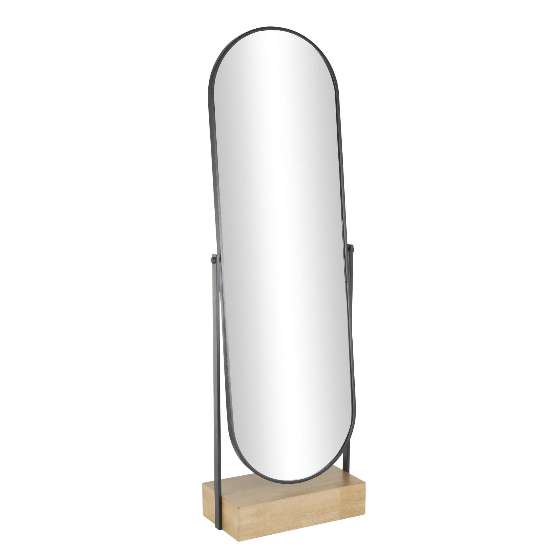 Black Wooden Oval Shaped Room Floor Mirror with Brown Wood Base