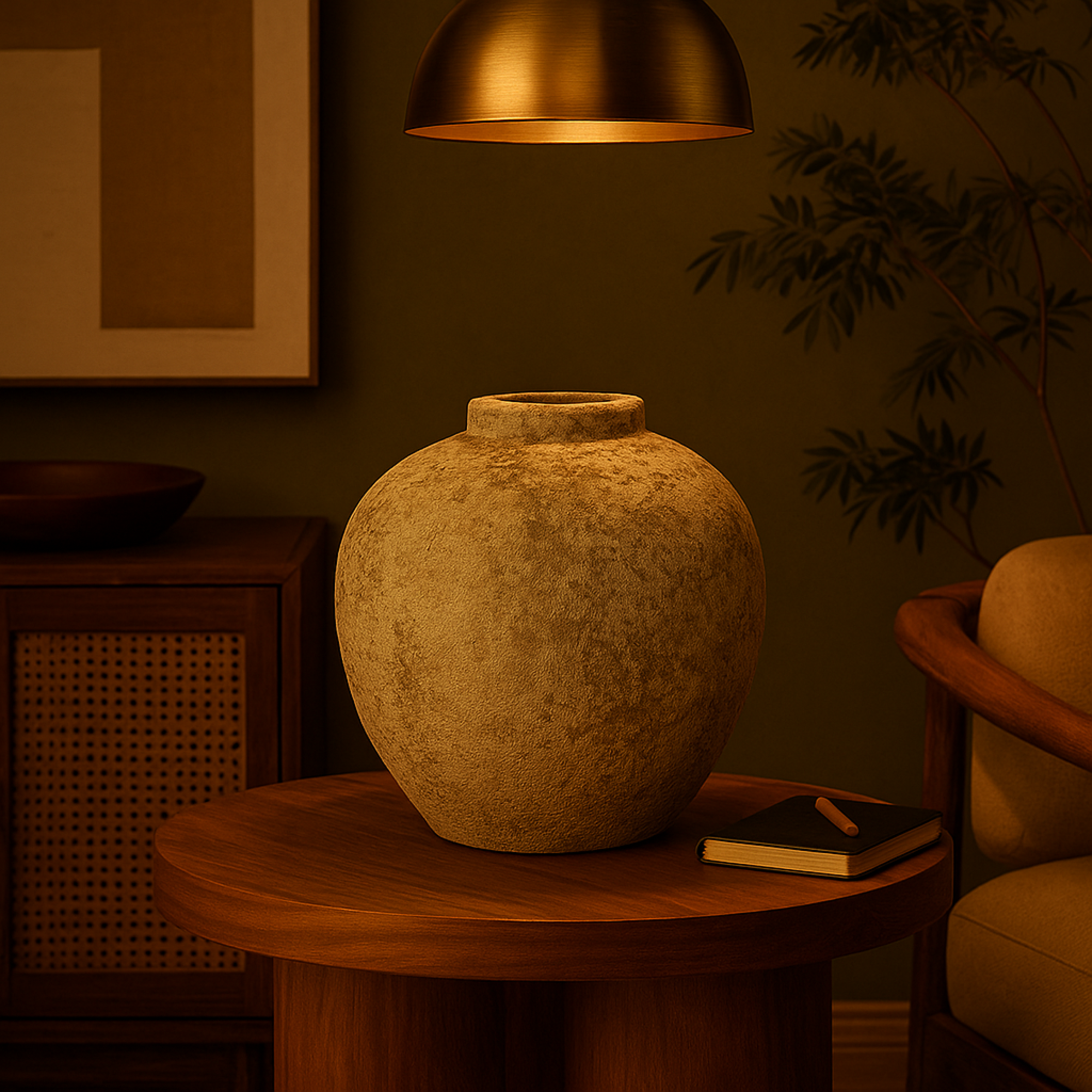 Cream Ceramic Handmade Antique Style Round Decorative Vase with Textured Distressing