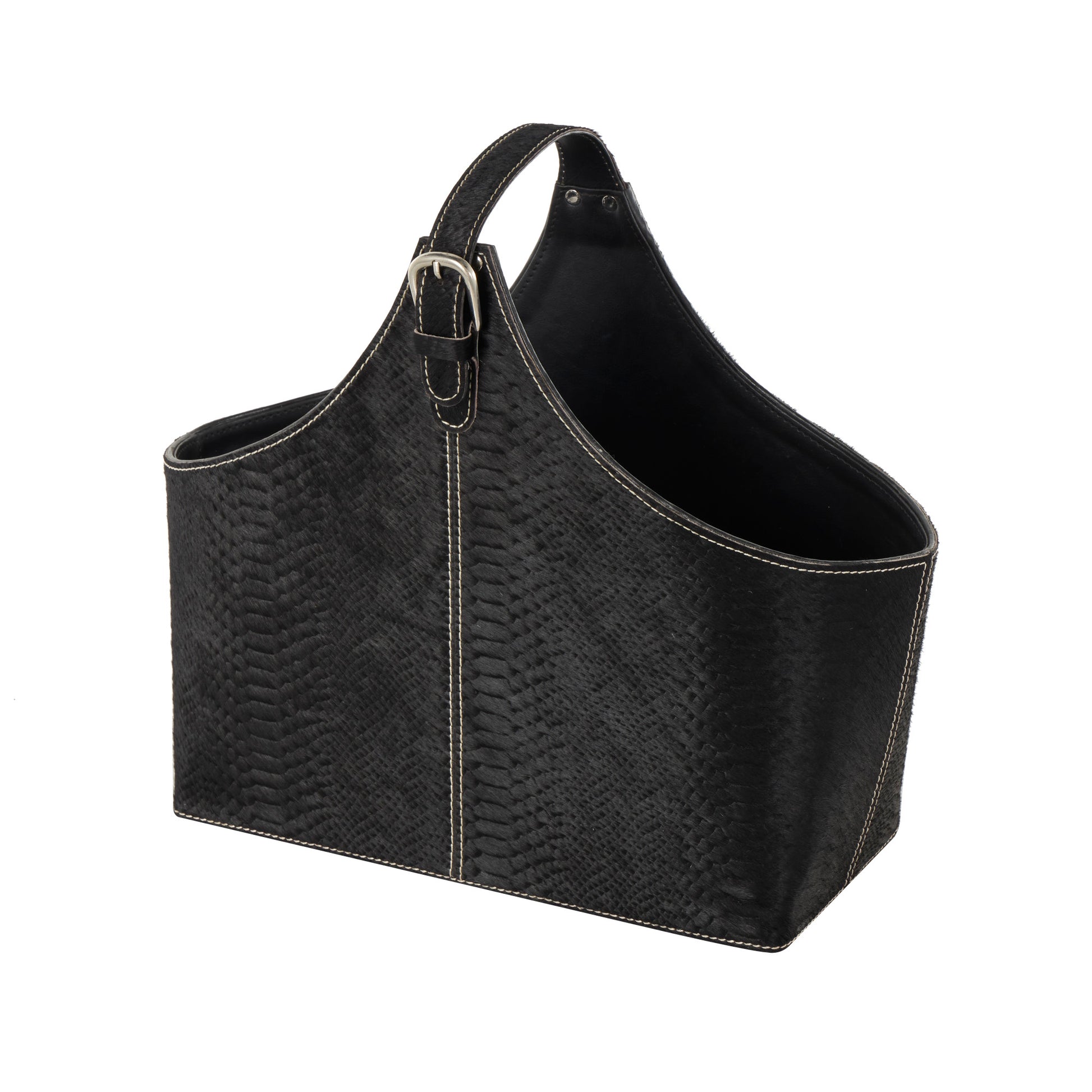 Leather Handmade Box Style Decorative Magazine Holder with Detail Stitching and Curved Buckle Handle