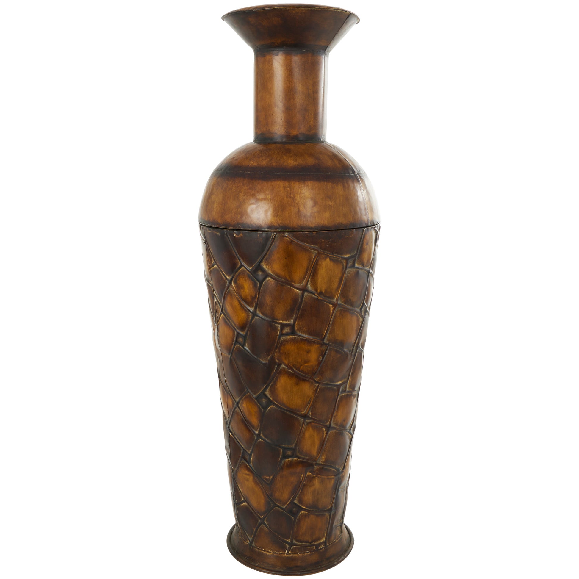 Set of 3 Brown Metal Indoor Outdoor Tall Floor Bottleneck Decorative Vase with Tortoise Shell Pattern