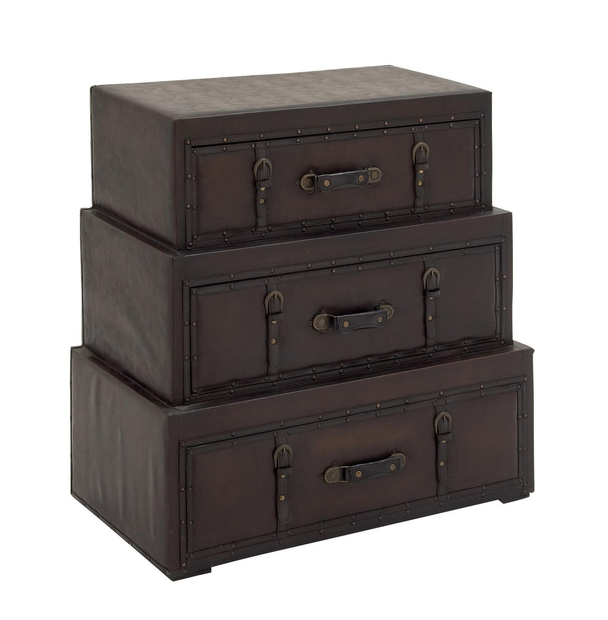 Brown Wood Vintage Faux Leather Room Chest with Buckles and Straps Detailing