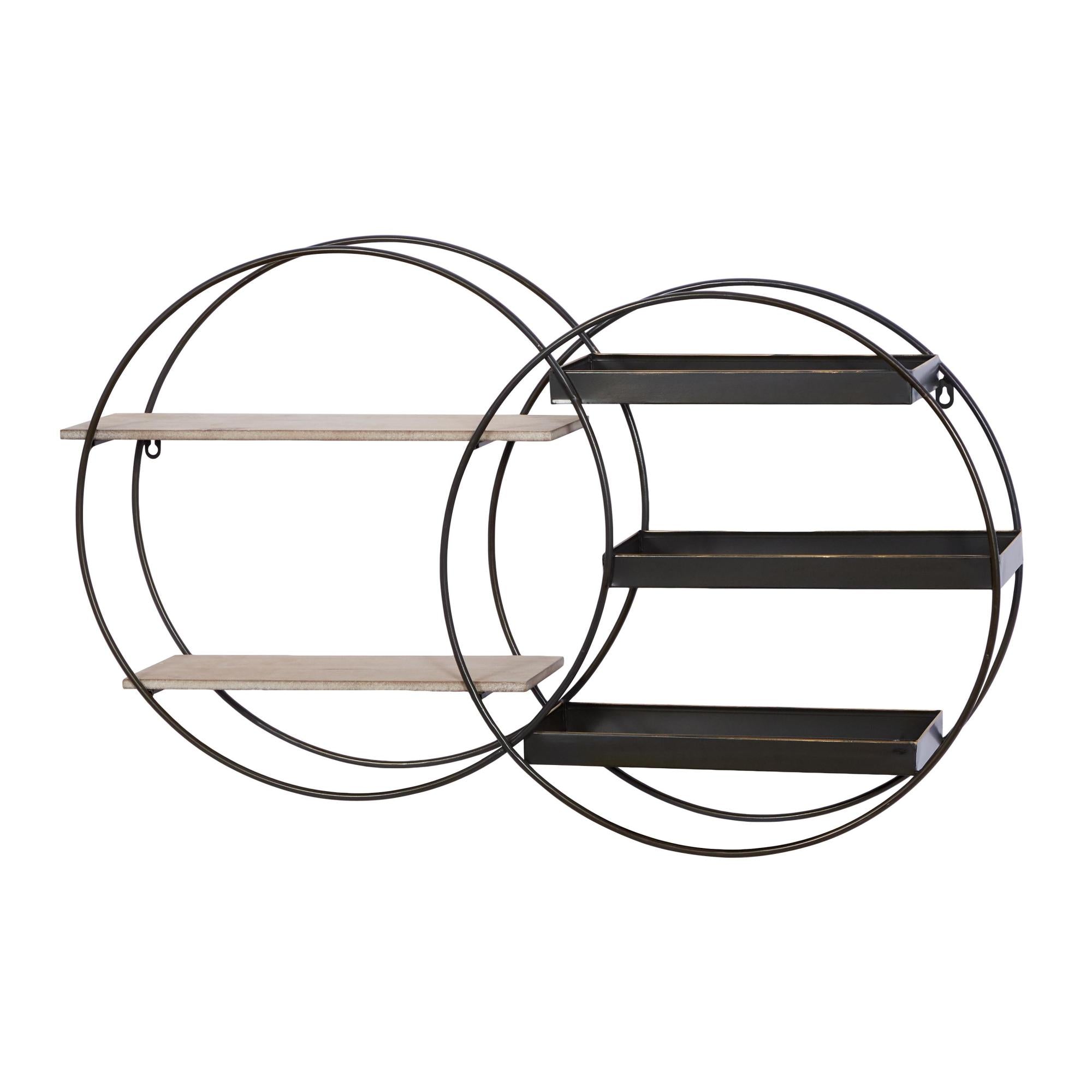 Geometric Black Metal Overlapping Circle 5 Level Room Wall Shelf with Wood Accents