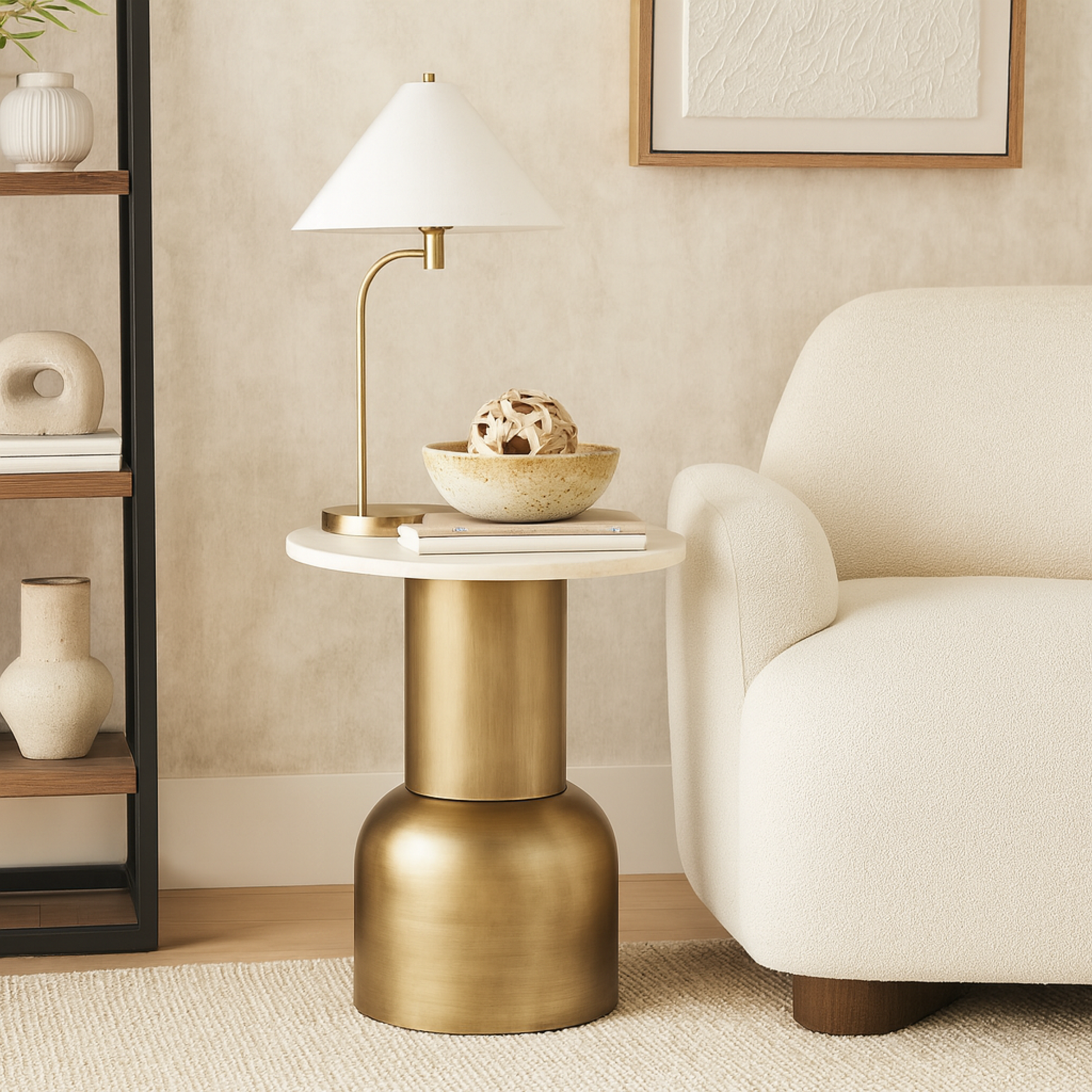 Gold Metal Pedestal Side End Accent Table with Cream Marble Tabletop