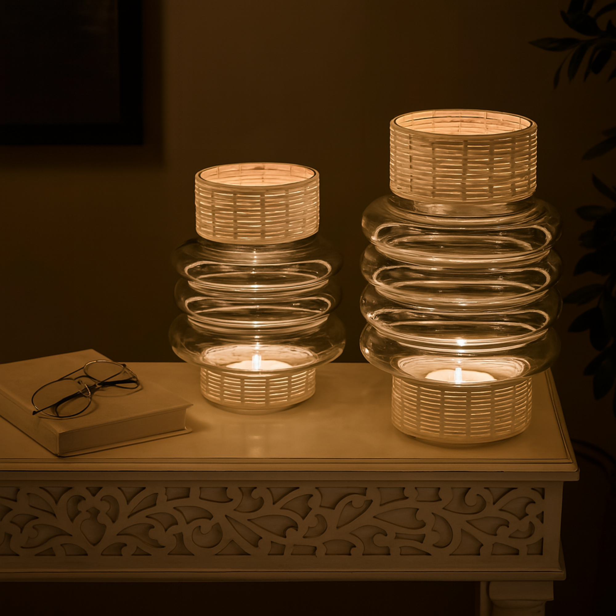 Set of 2 Clear Glass Handmade Rattan Wrapped Decorative Vase