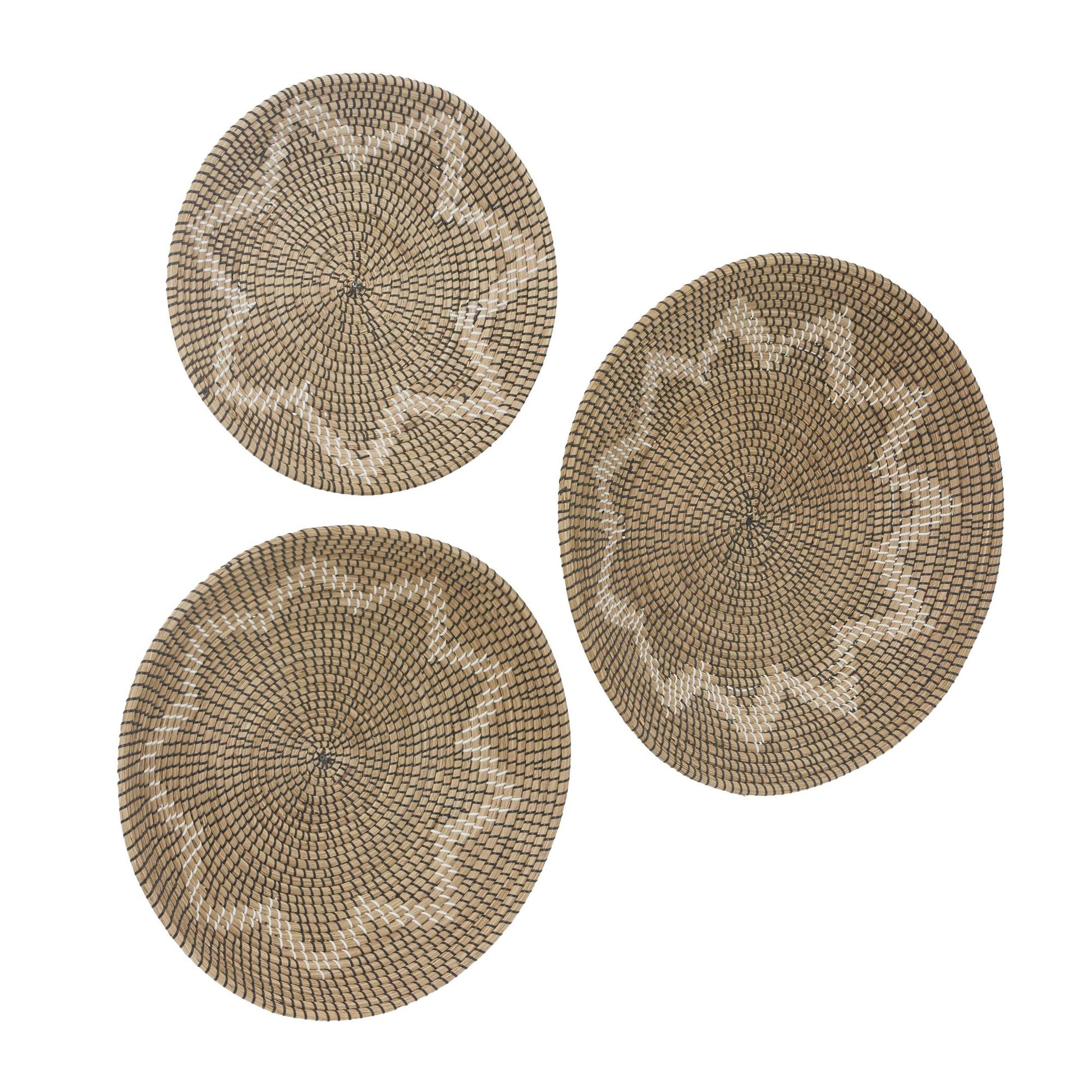 Set of 3 Plate Seagrass Handmade Spiral Basket Home Wall Decor with Black and White Accents Set of 3 29", 24", 20"D