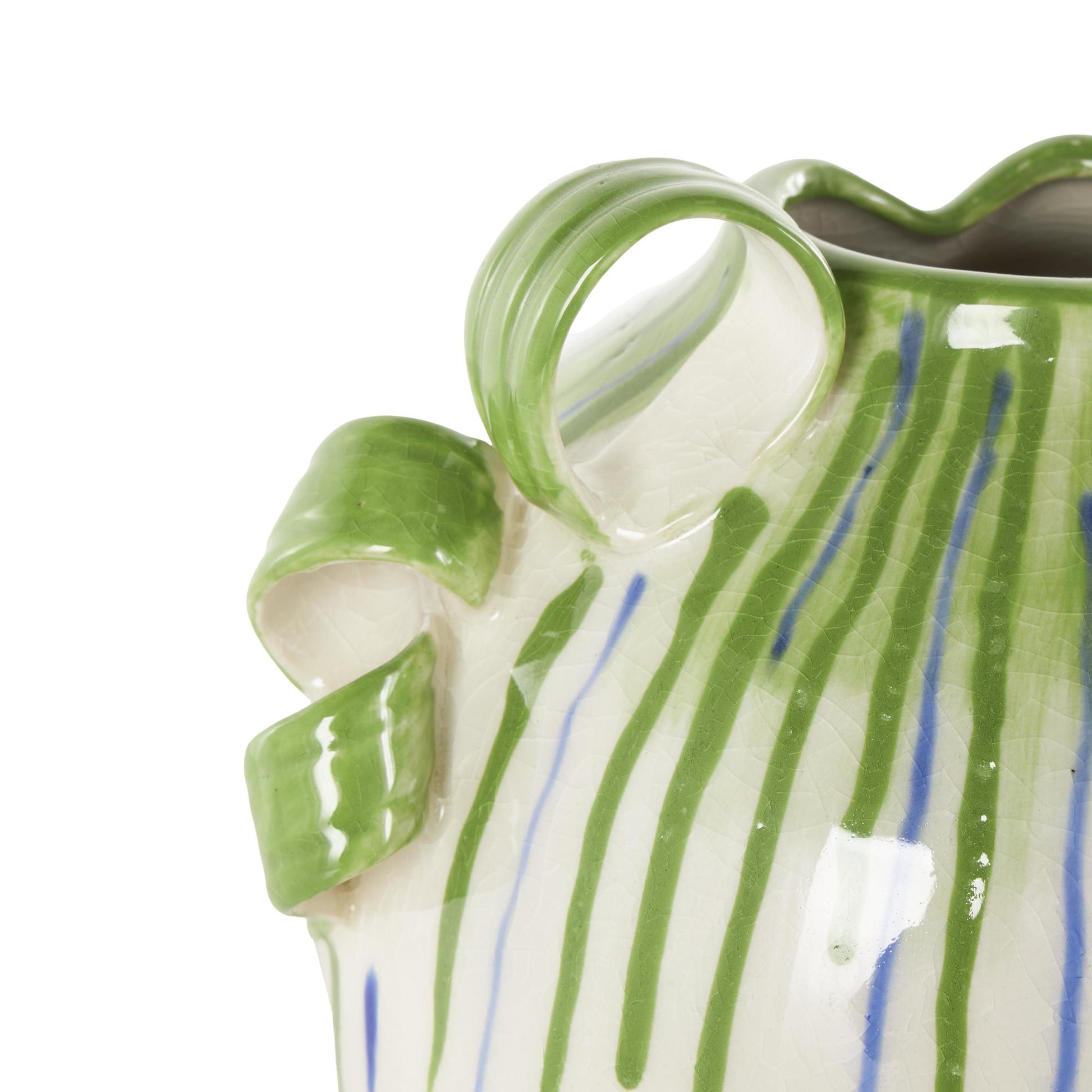 Abstract White Ceramic Decorative Vase with Green and Blue Drip Design and Handles