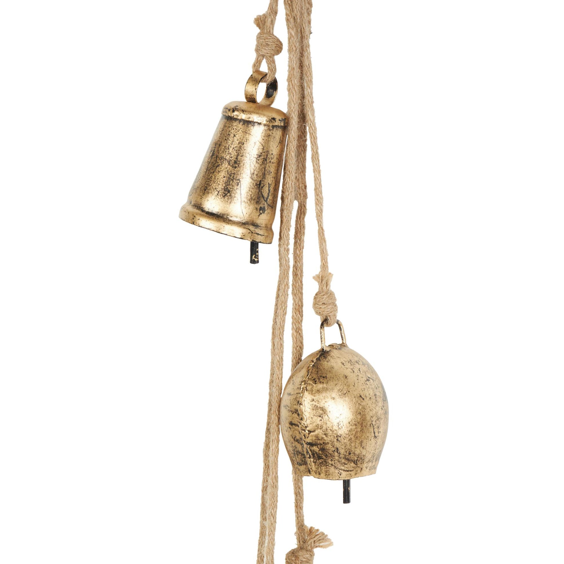 Metal Tibetan Inspired Indoor Outdoor Decorative Cow Bells with Jute Hanging Rope 4" x 3" x 22"