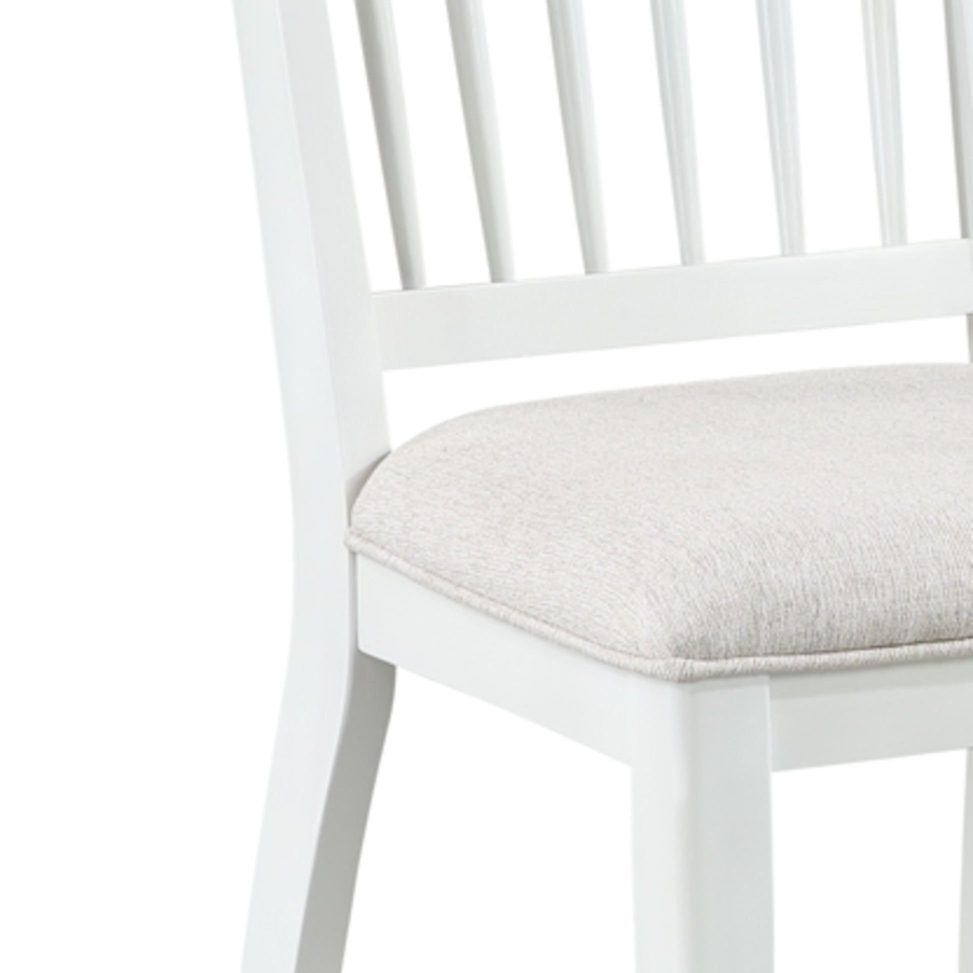 Set of 2 White Wood Kitchen Dining Chair with Light Gray Fabric Seat and Slatted Back