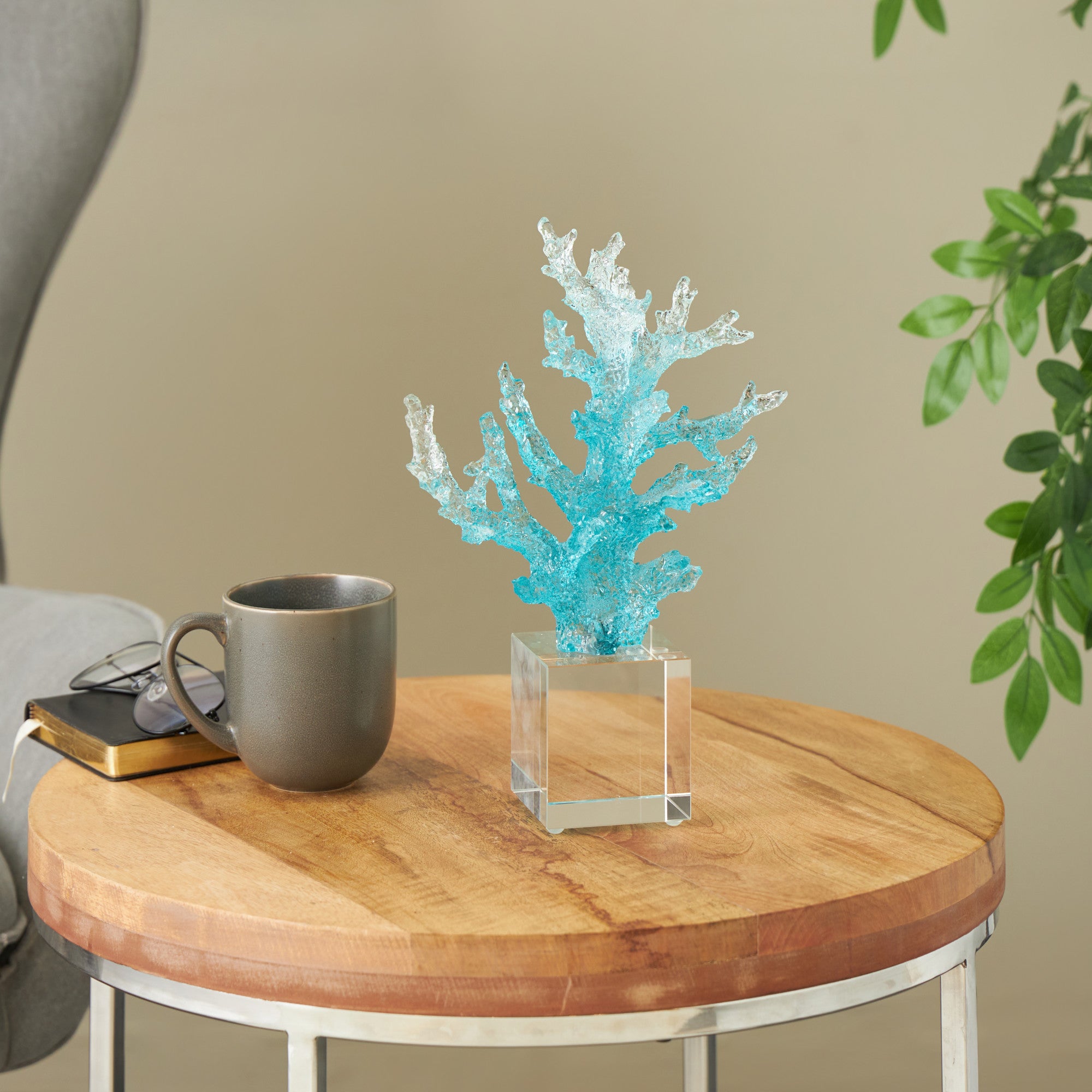 Coral Blue Glass Ombre Decorative Sculpture with Clear Square Base