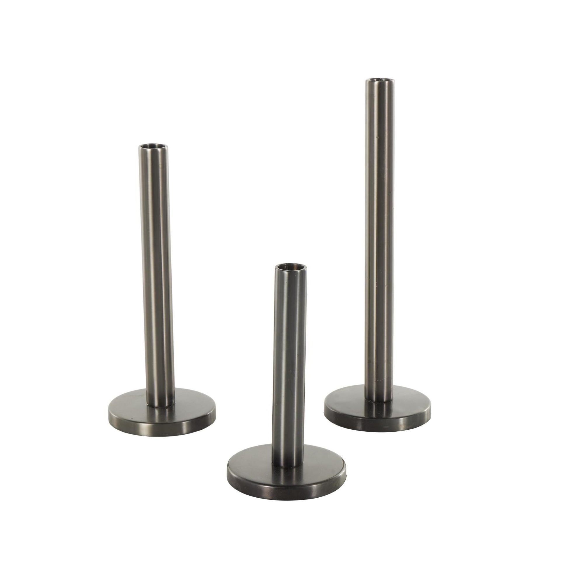 Set of 3 Black Stainless Steel Metal Slim Decorative Candle Holder with Round Base