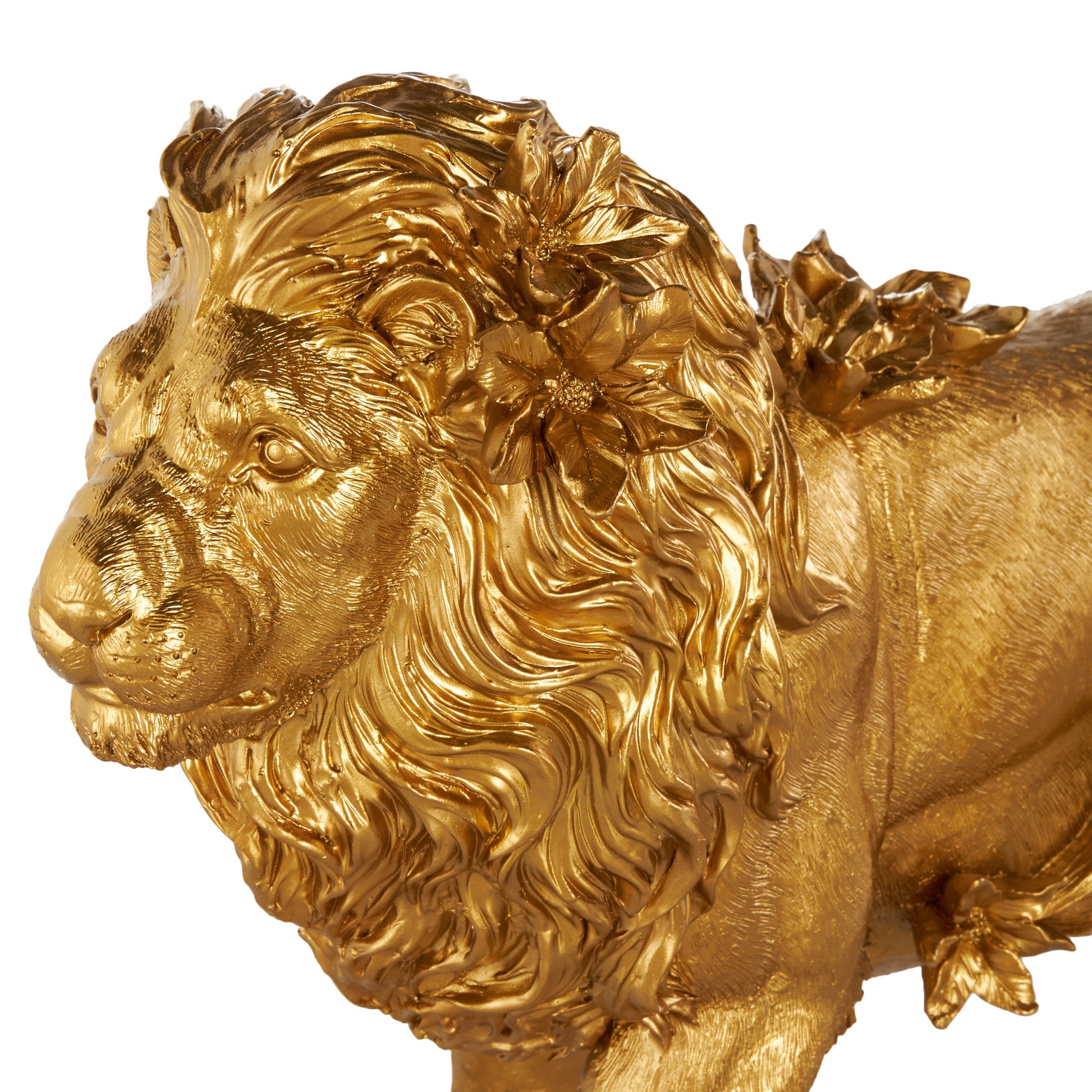 Lion Gold Resin Walking Decorative Sculpture with Floral Accents
