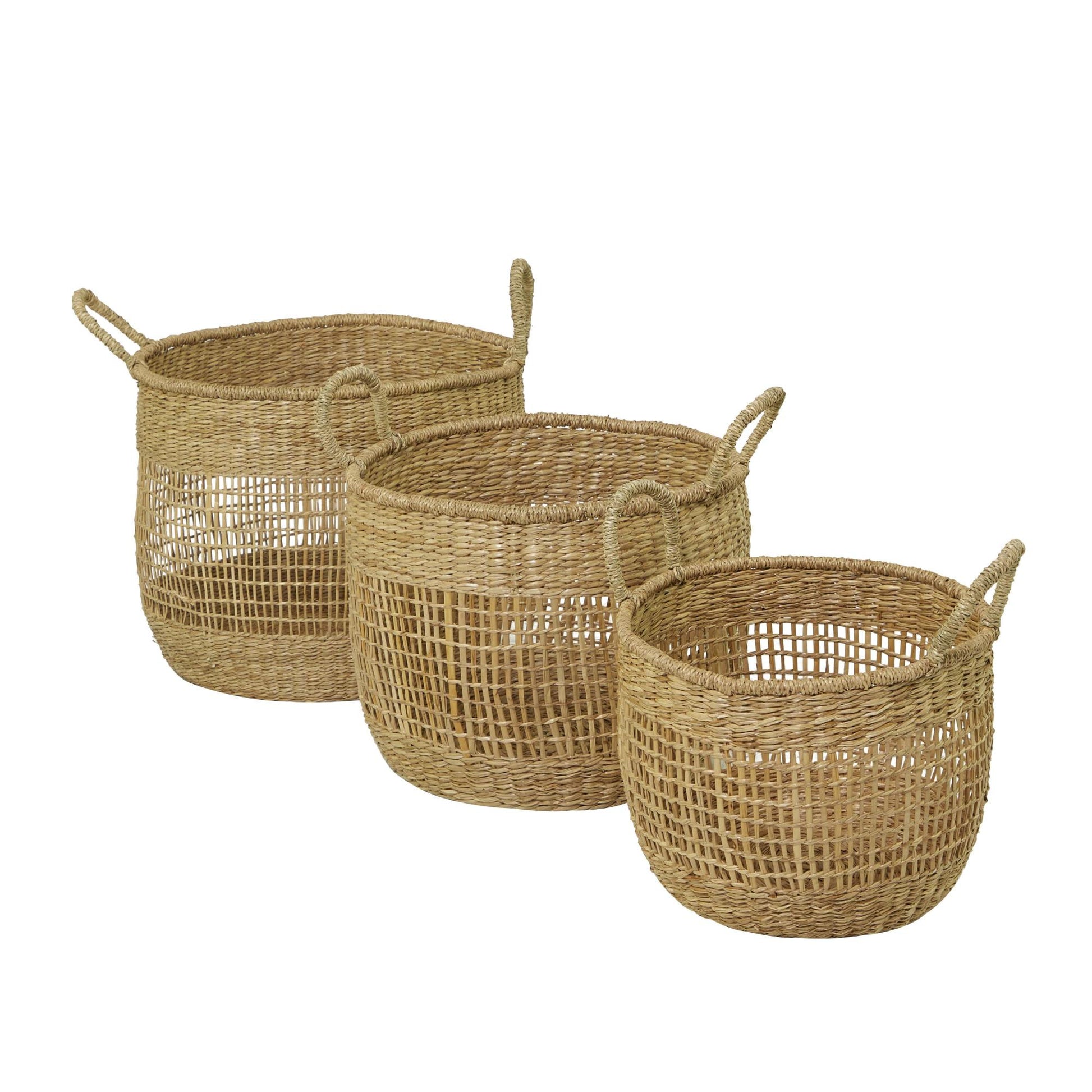Set of 3 Brown Seagrass Handmade Decorative and Functional Storage Basket with Handles