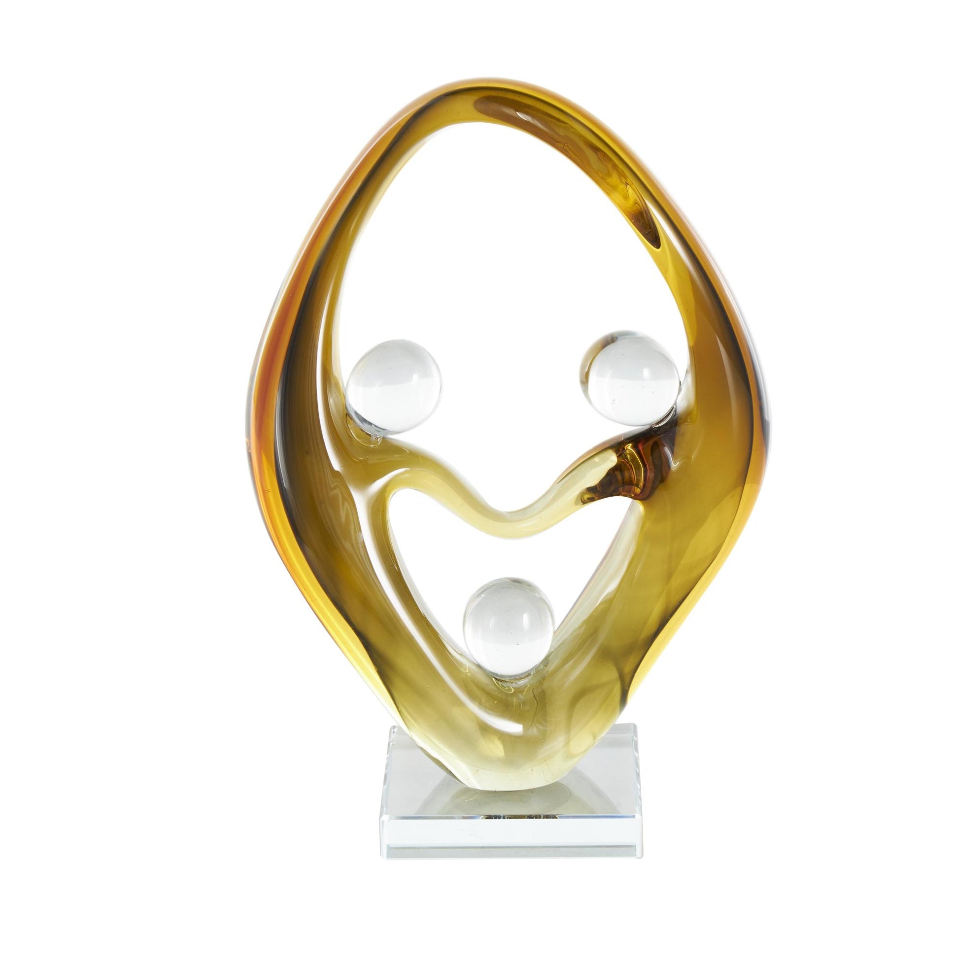 Abstract Orange Glass Curved Cutout Decorative Sculpture with 3 Small Orbs