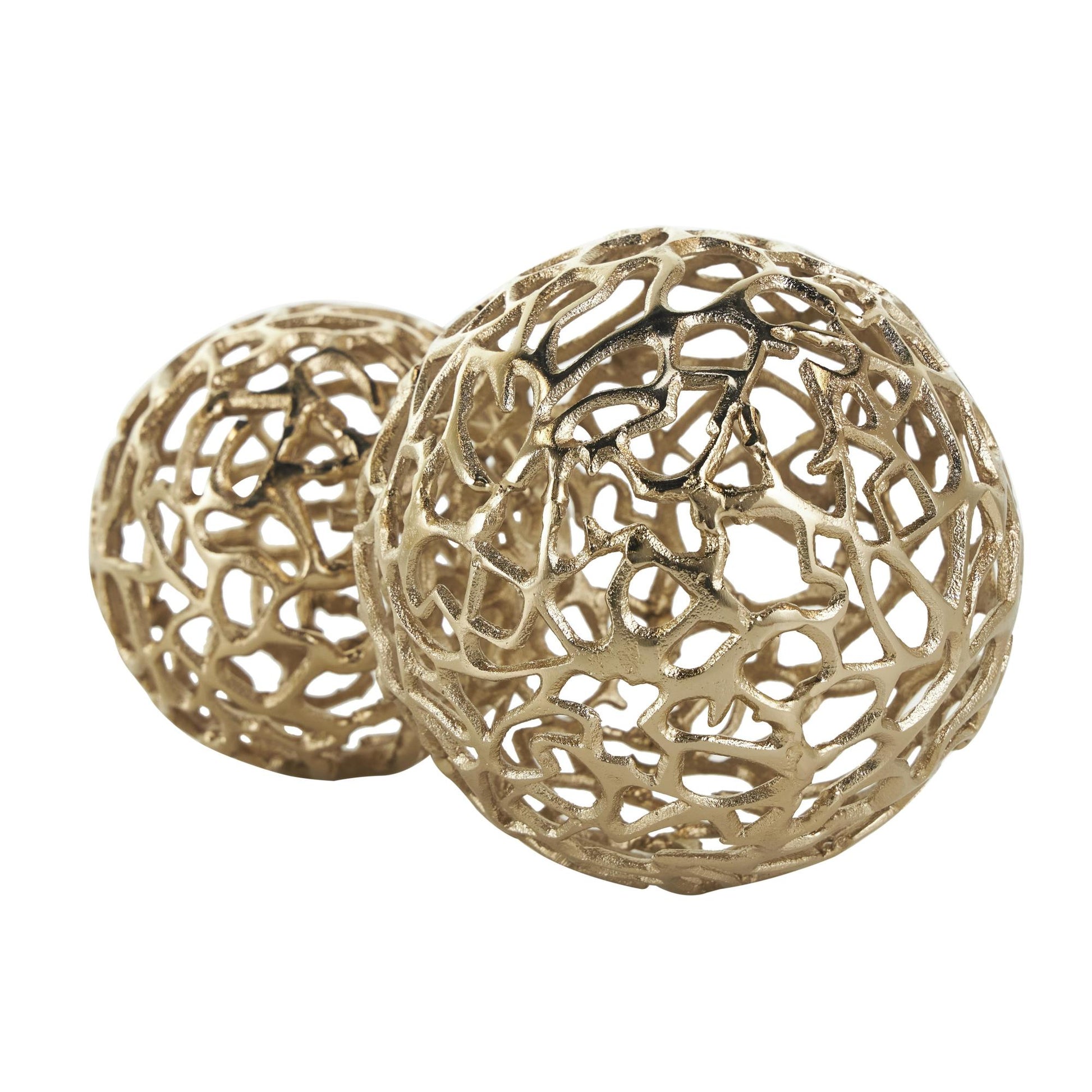 Set of 2 Coral Aluminum Metal Decorative Orbs & Vase Filler with Open Lattice Work