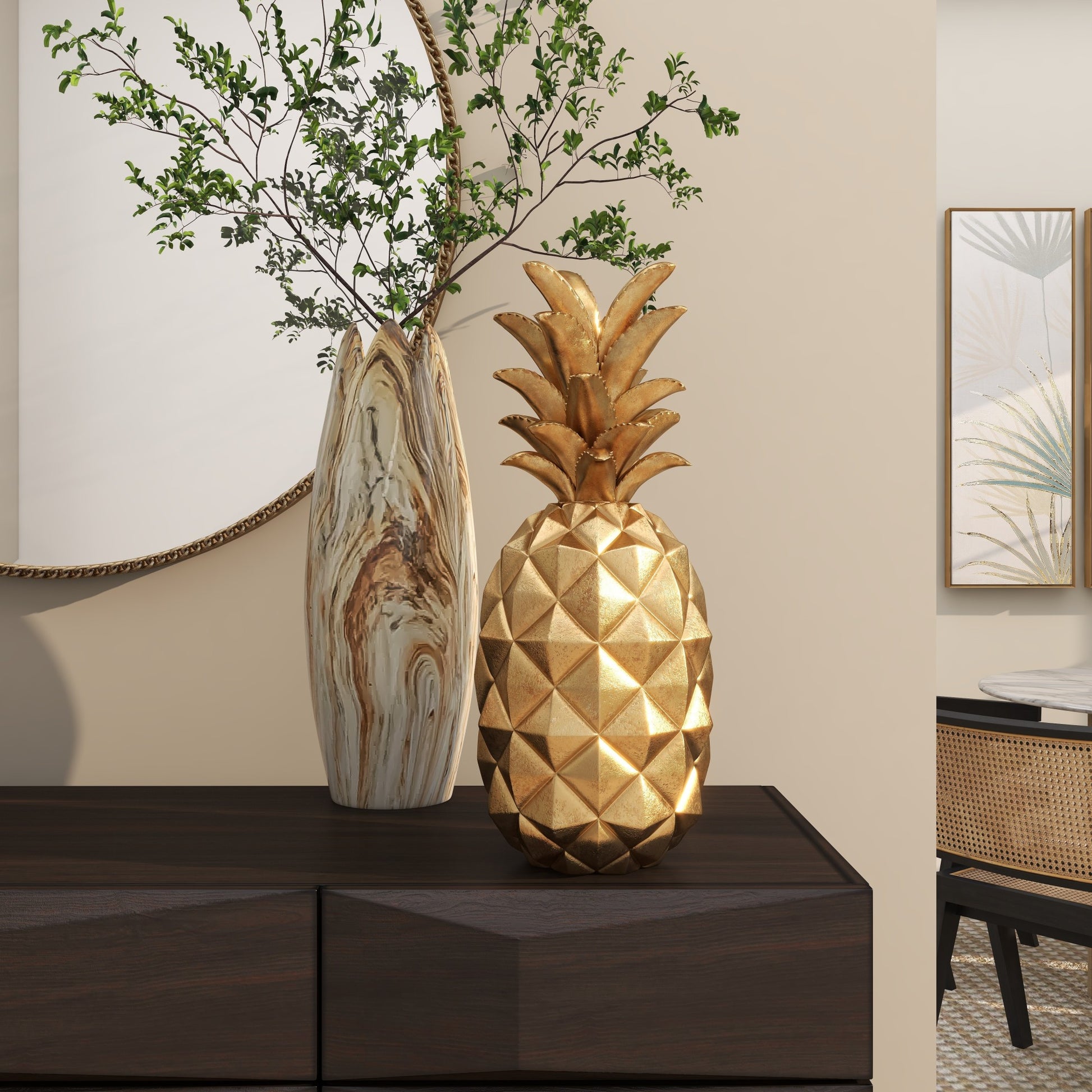 Fruit Gold Polystone Textured Pineapple Decorative Sculpture