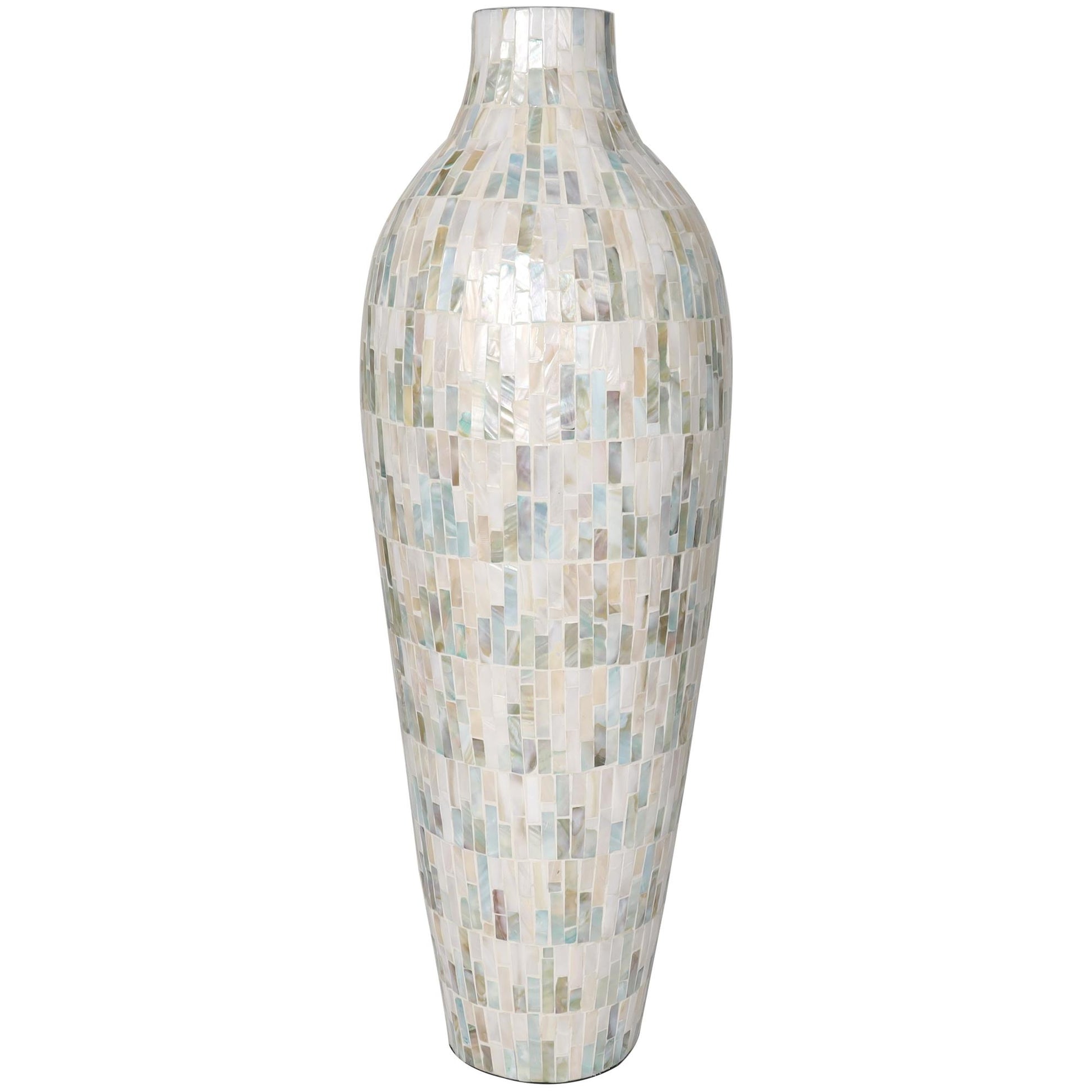White Mother of Pearl Shell Handmade Mosaic Inspired Decorative Vase with Pastel Blue and Pink Accents