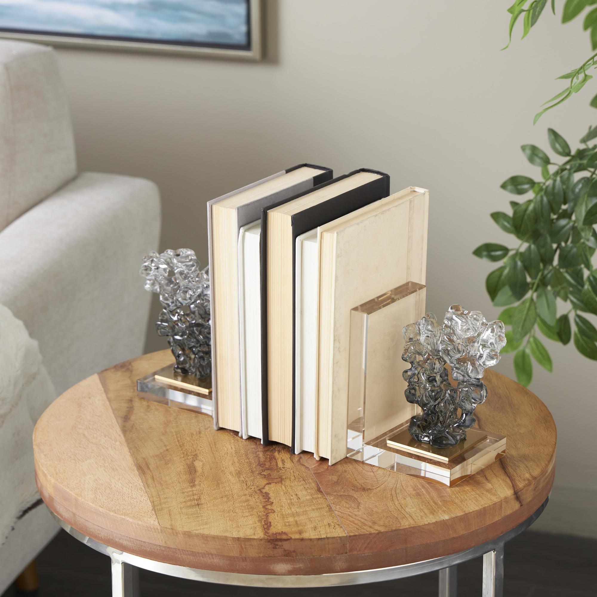 Set of 2 Coral Clear Glass Handmade Freeform Decorative Bookends with Clear Gold Supports