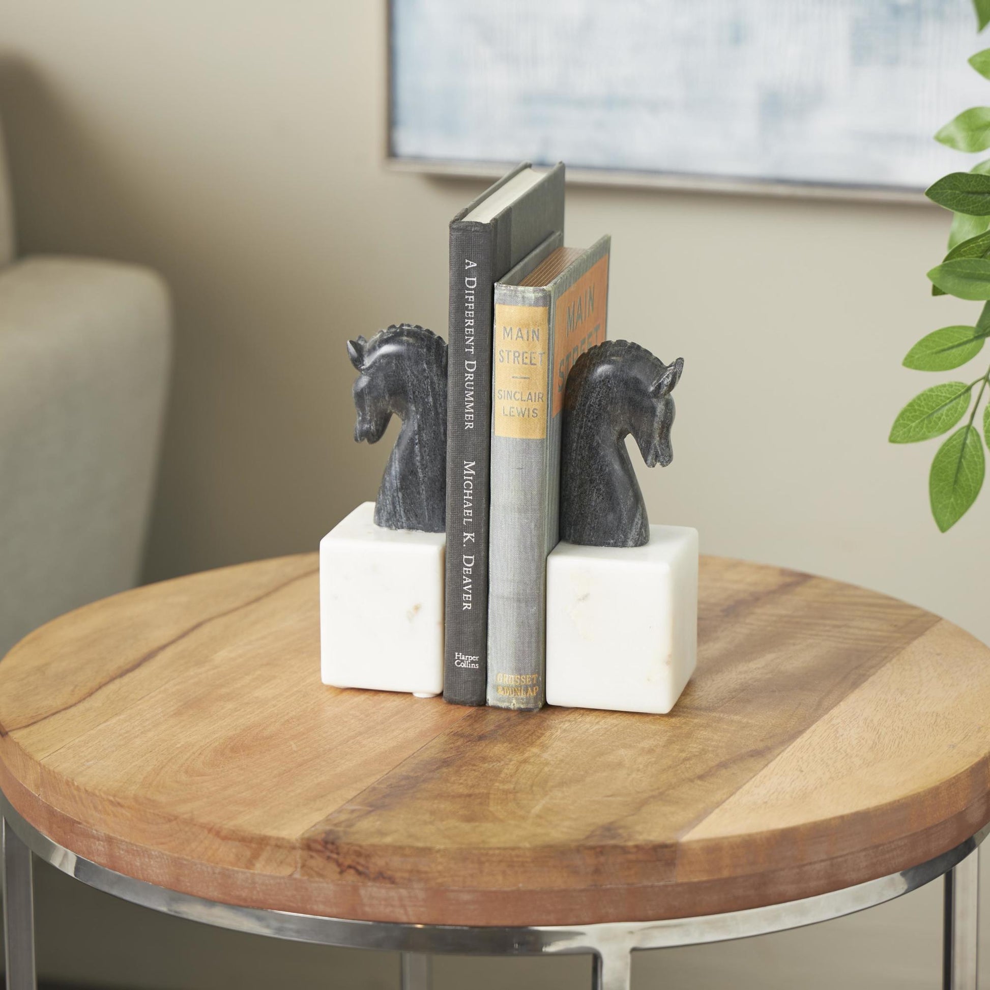 Set of 2 Horse Black Marble Distressed Decorative Bookends with White Block Bases