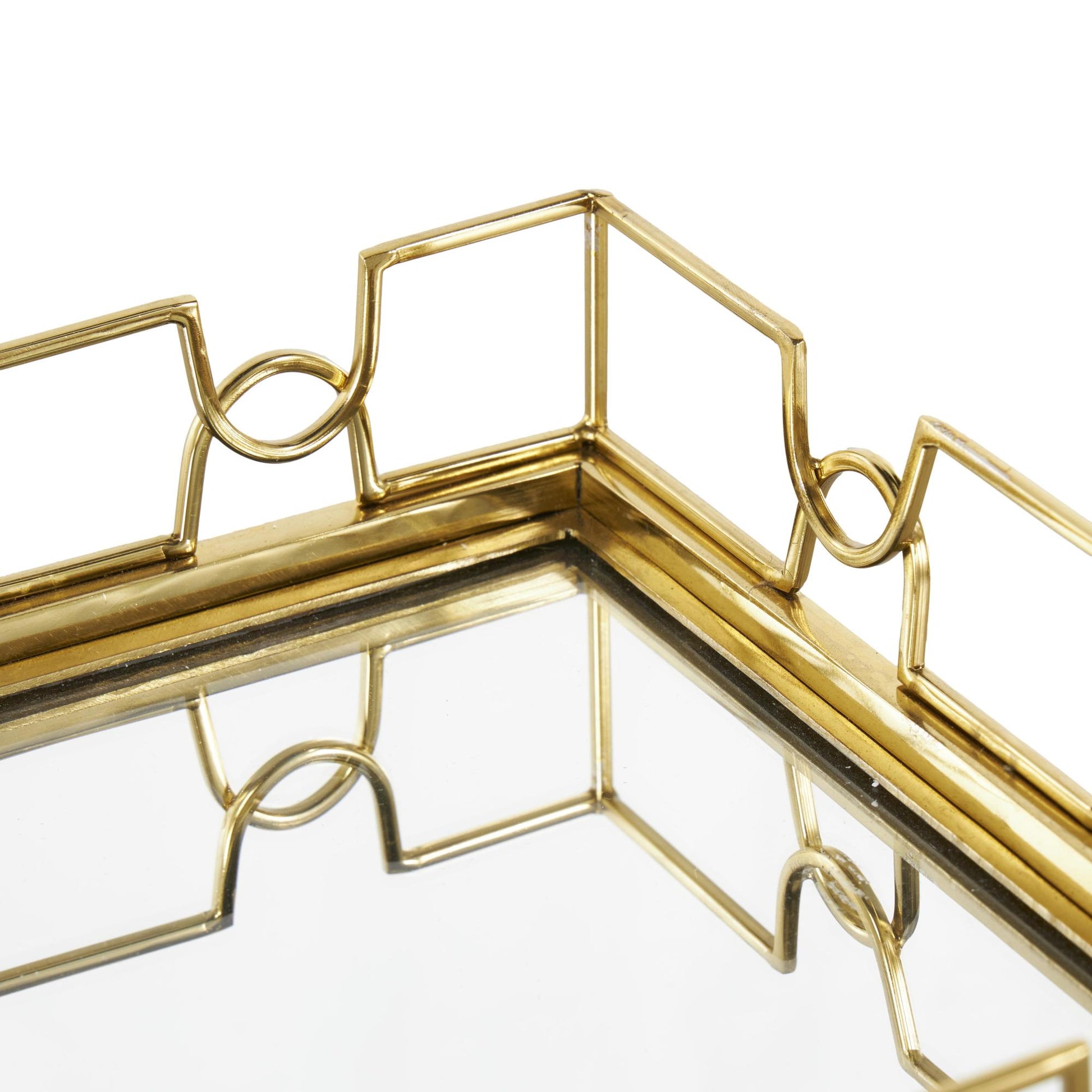 Set of 2 Geometric Gold Stainless Steel Metal Mirrored Living Room Decor Tray with Wire Rod Frame