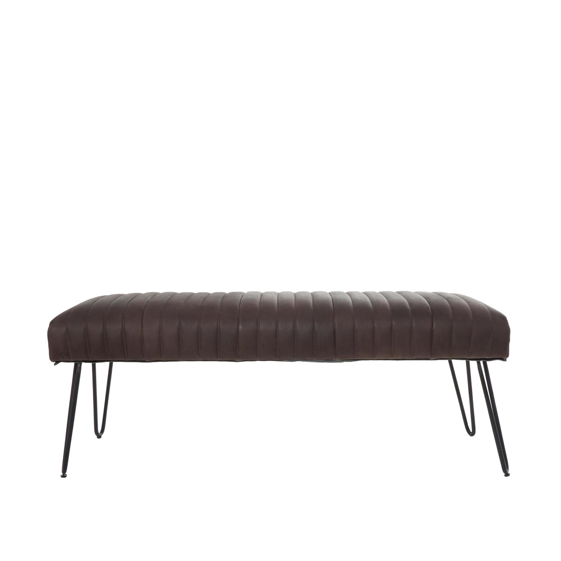 Leather Upholstered Home Bench with Linear Tufted Panels and Black Metal Hairpin Legs